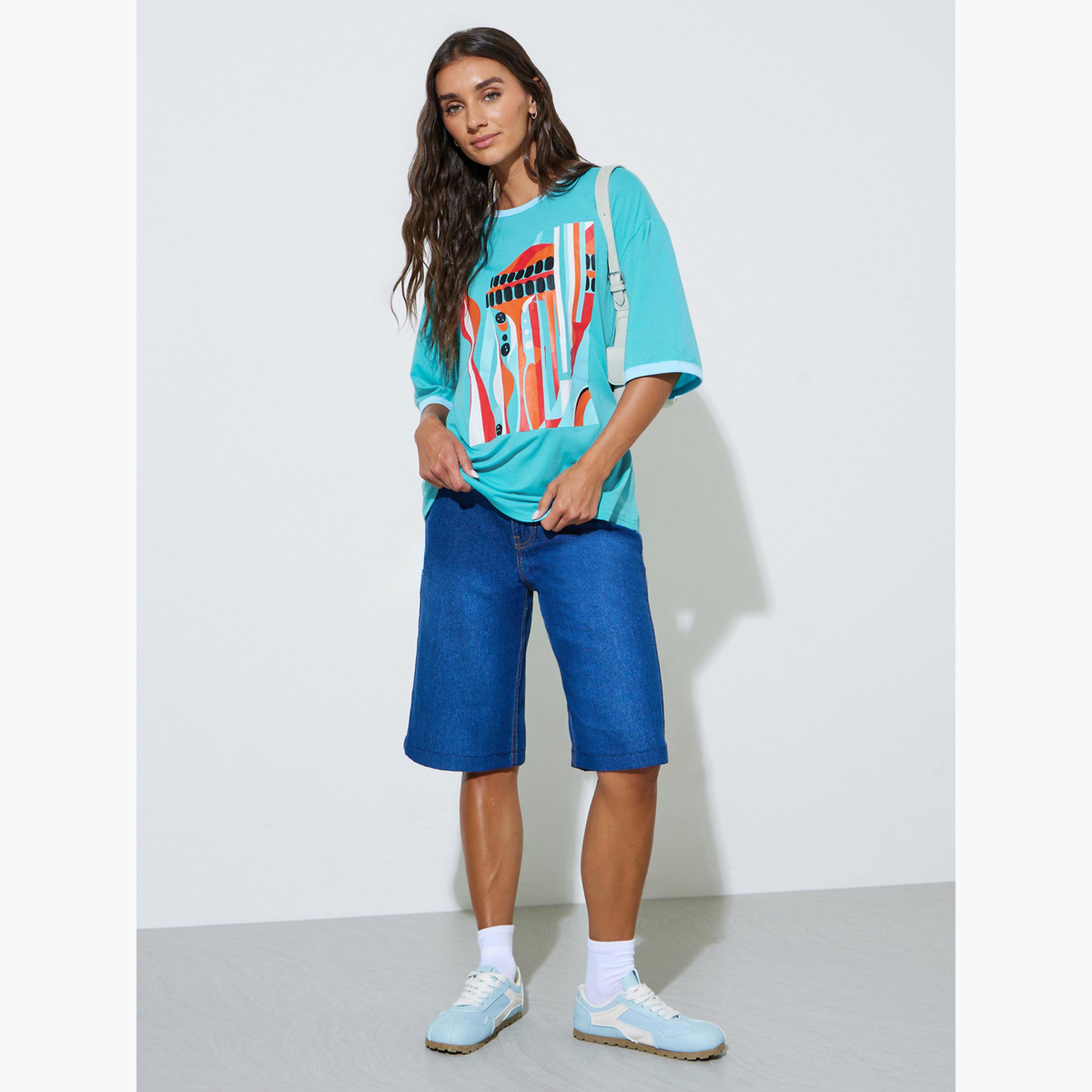 Styli Teal Graphic Print Oversize T-shirt-women-clothing-tshirts-image-2