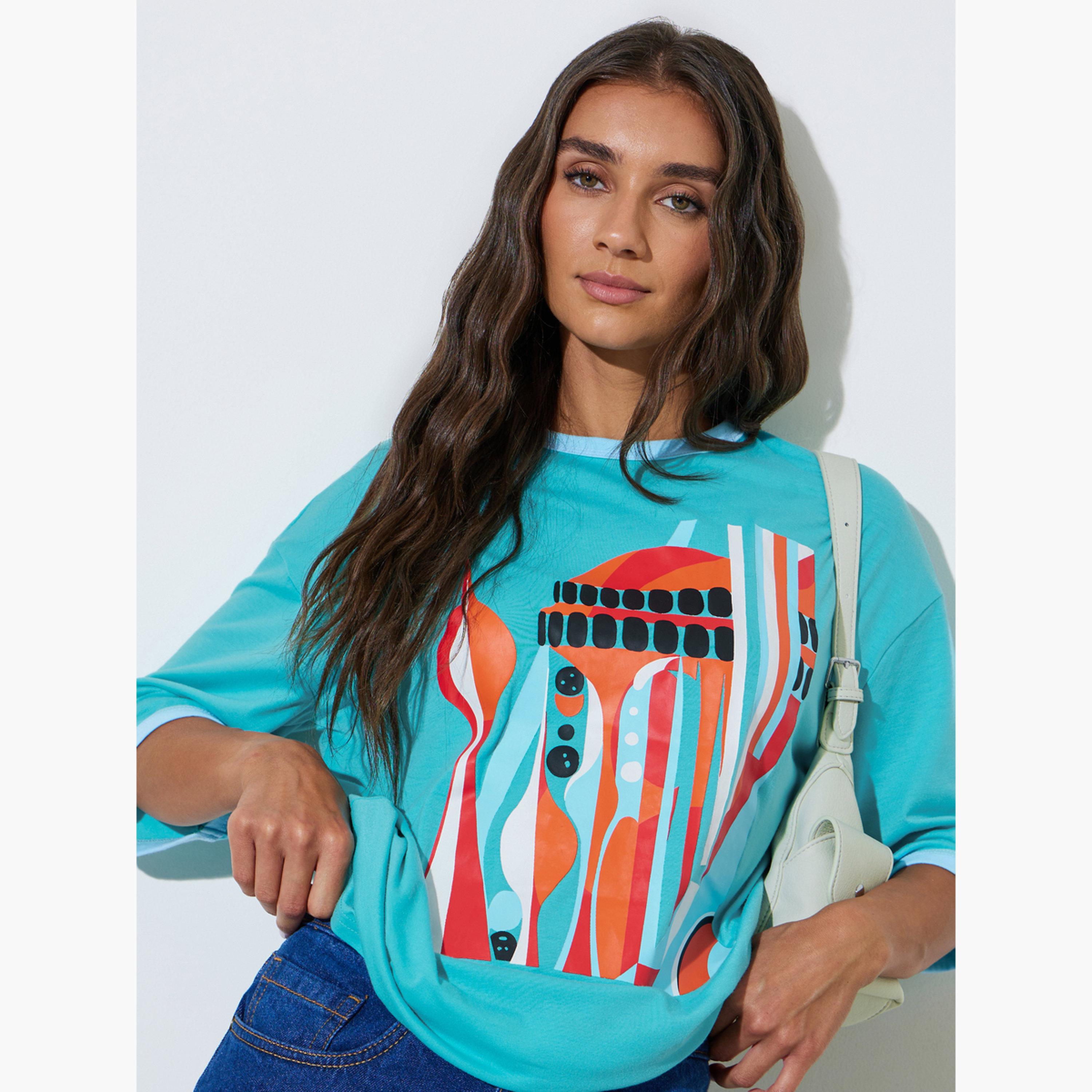 Styli Teal Graphic Print Oversize T-shirt-women-clothing-tshirts-image-3