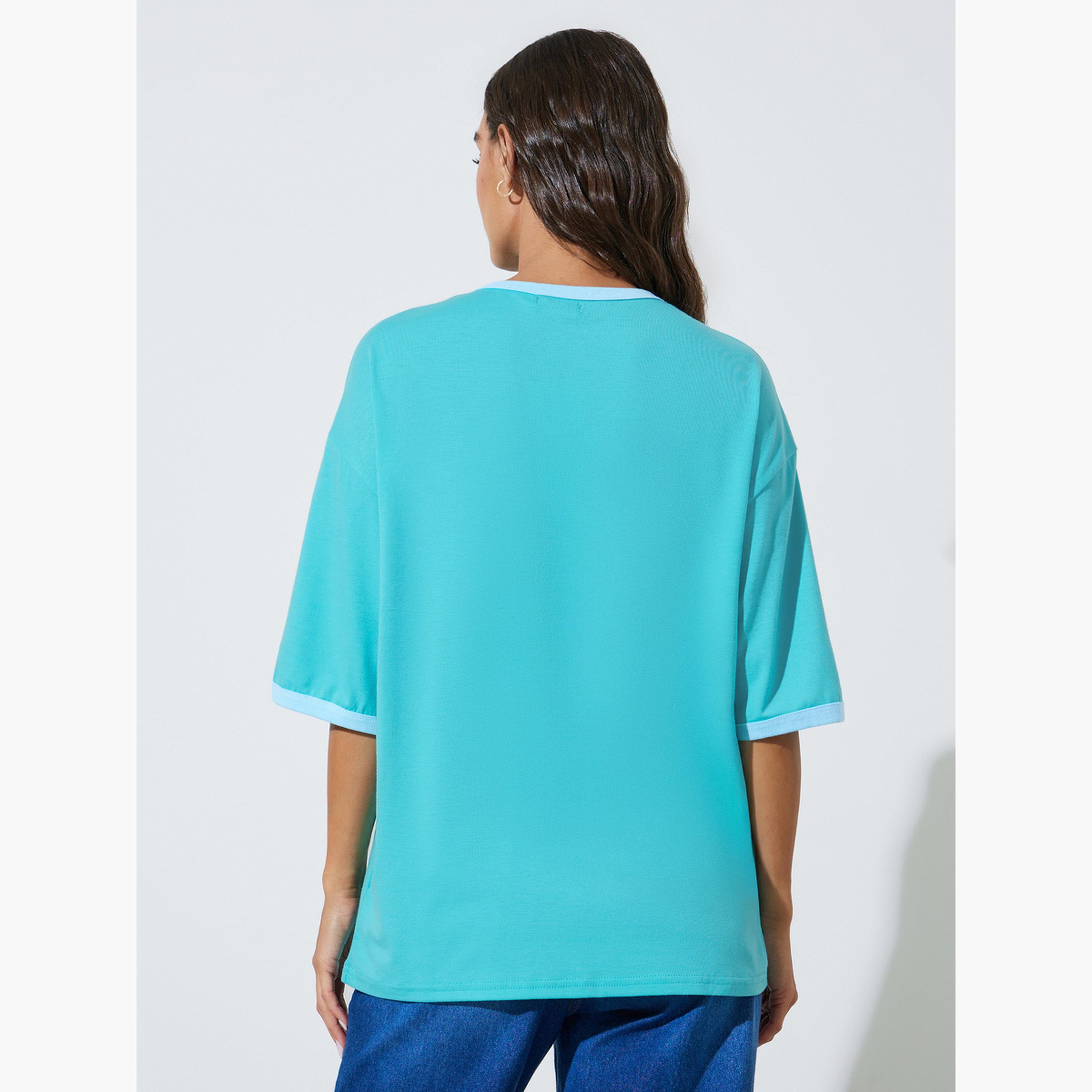 Styli Teal Graphic Print Oversize T-shirt-women-clothing-tshirts-image-4