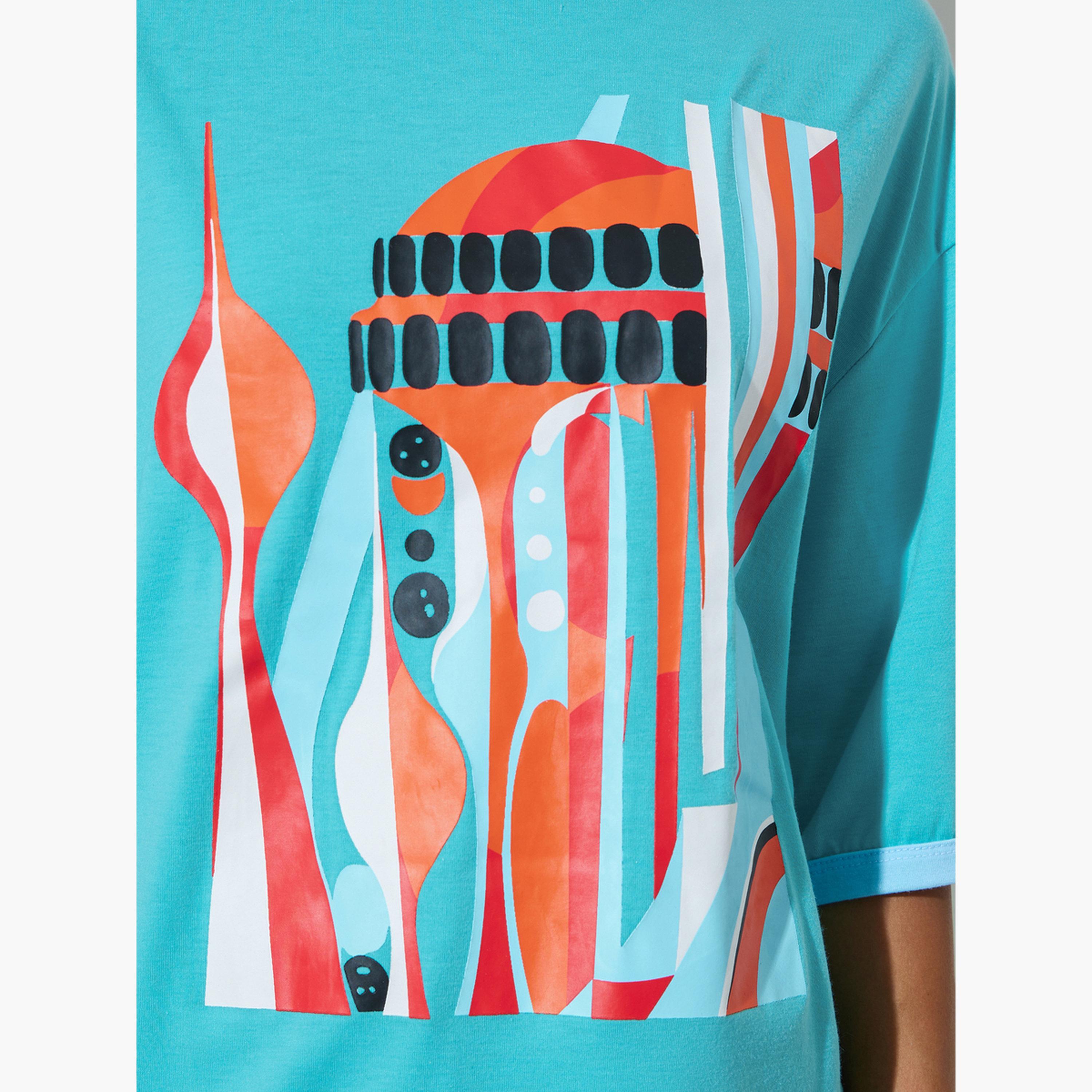 Styli Teal Graphic Print Oversize T-shirt-women-clothing-tshirts-image-5