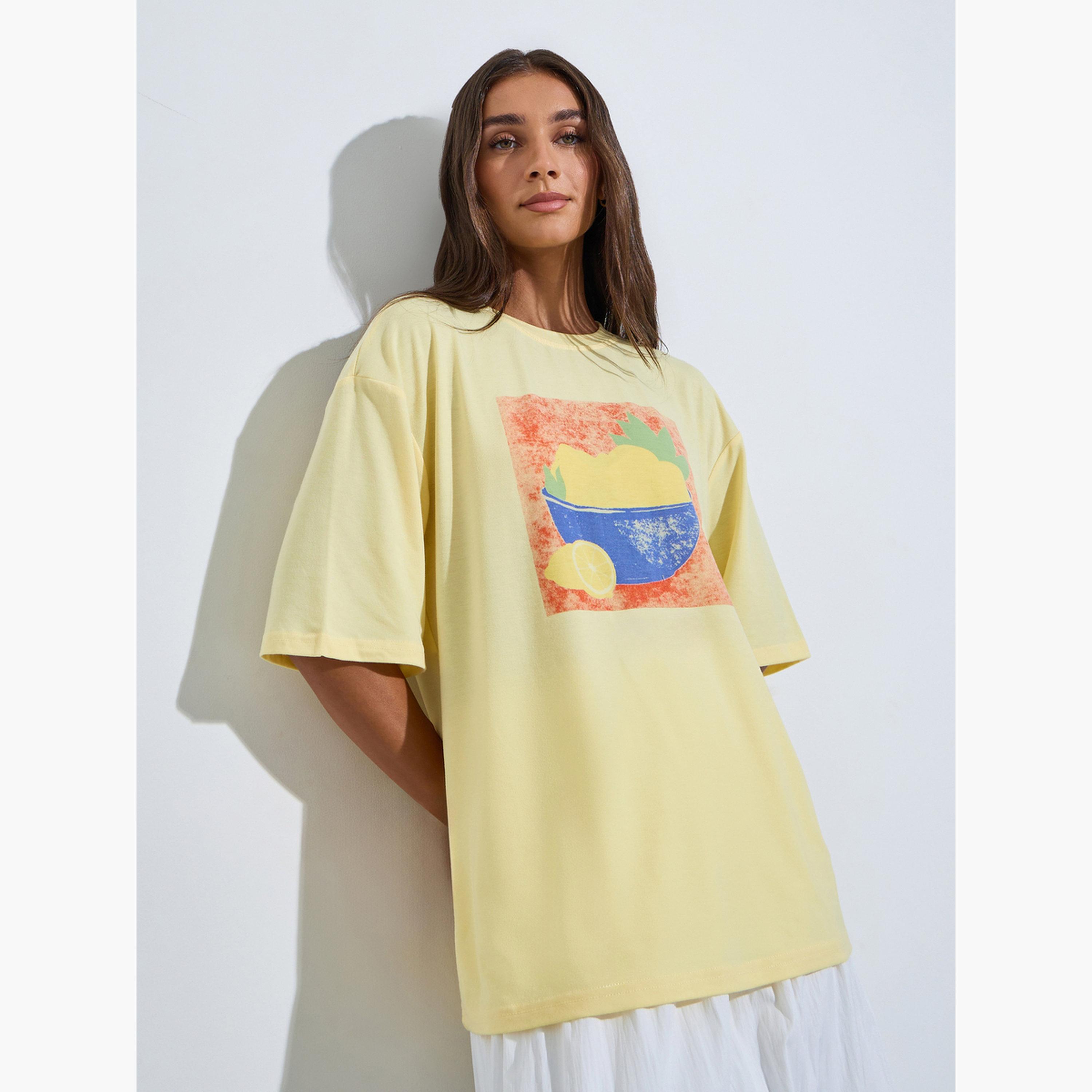 Styli Yellow Graphic Print Drop Shoulder Oversized T-Shirt-women-clothing-tshirts-image-1