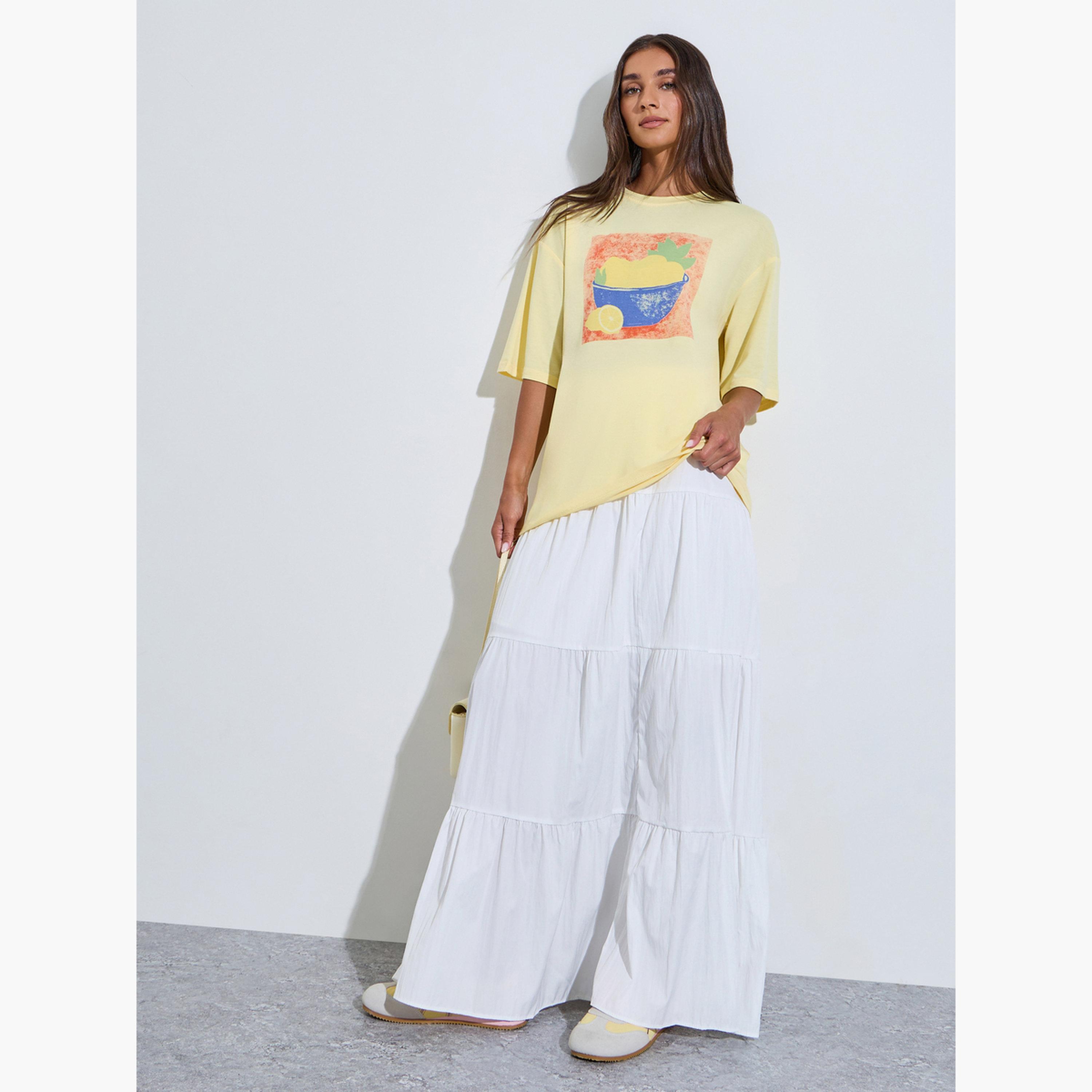 Styli Yellow Graphic Print Drop Shoulder Oversized T-Shirt-women-clothing-tshirts-image-2