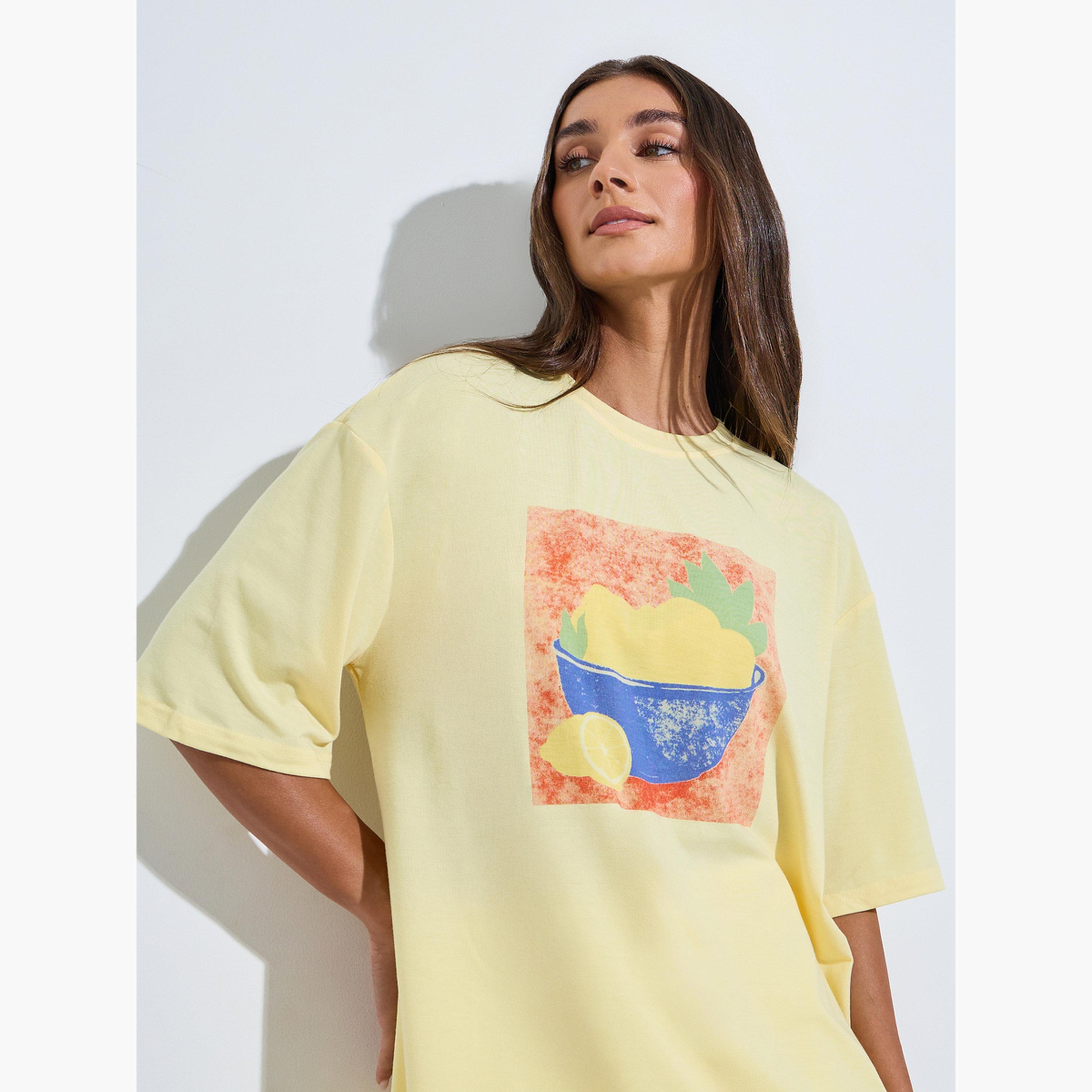 Styli Yellow Graphic Print Drop Shoulder Oversized T-Shirt-women-clothing-tshirts-image-3