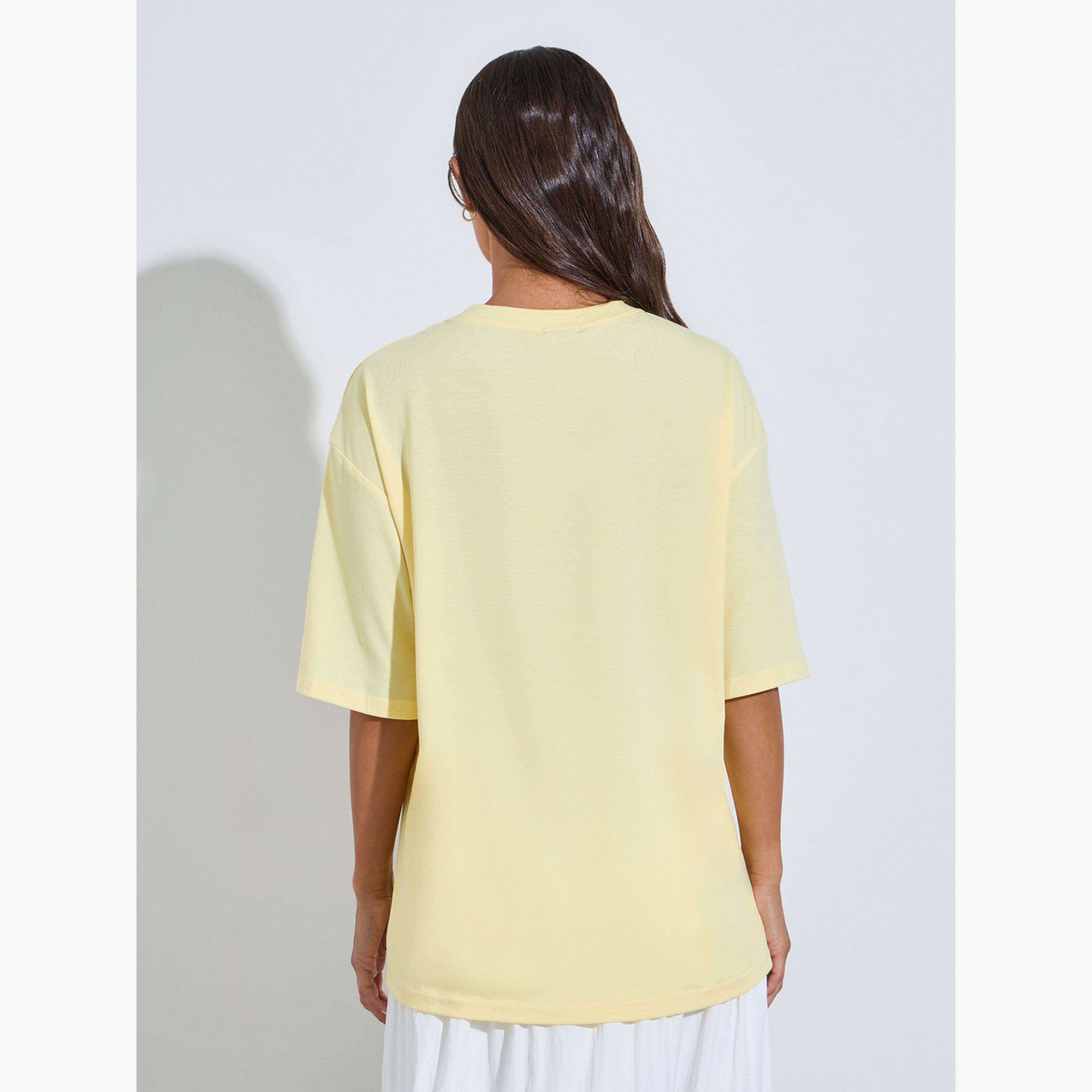 Styli Yellow Graphic Print Drop Shoulder Oversized T-Shirt-women-clothing-tshirts-image-4