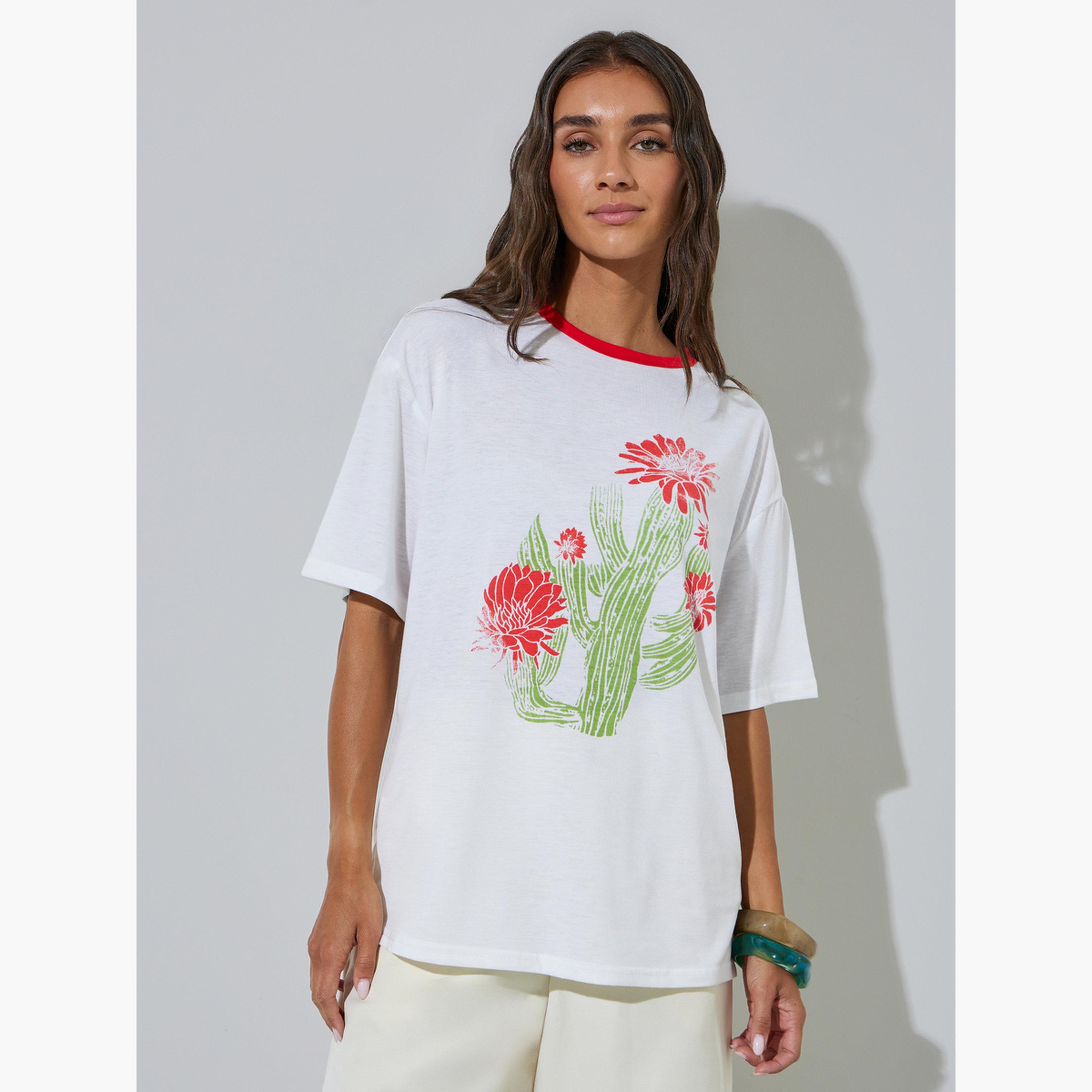 Styli White Floral Print Oversize T-shirt-women-clothing-tshirts-image-1