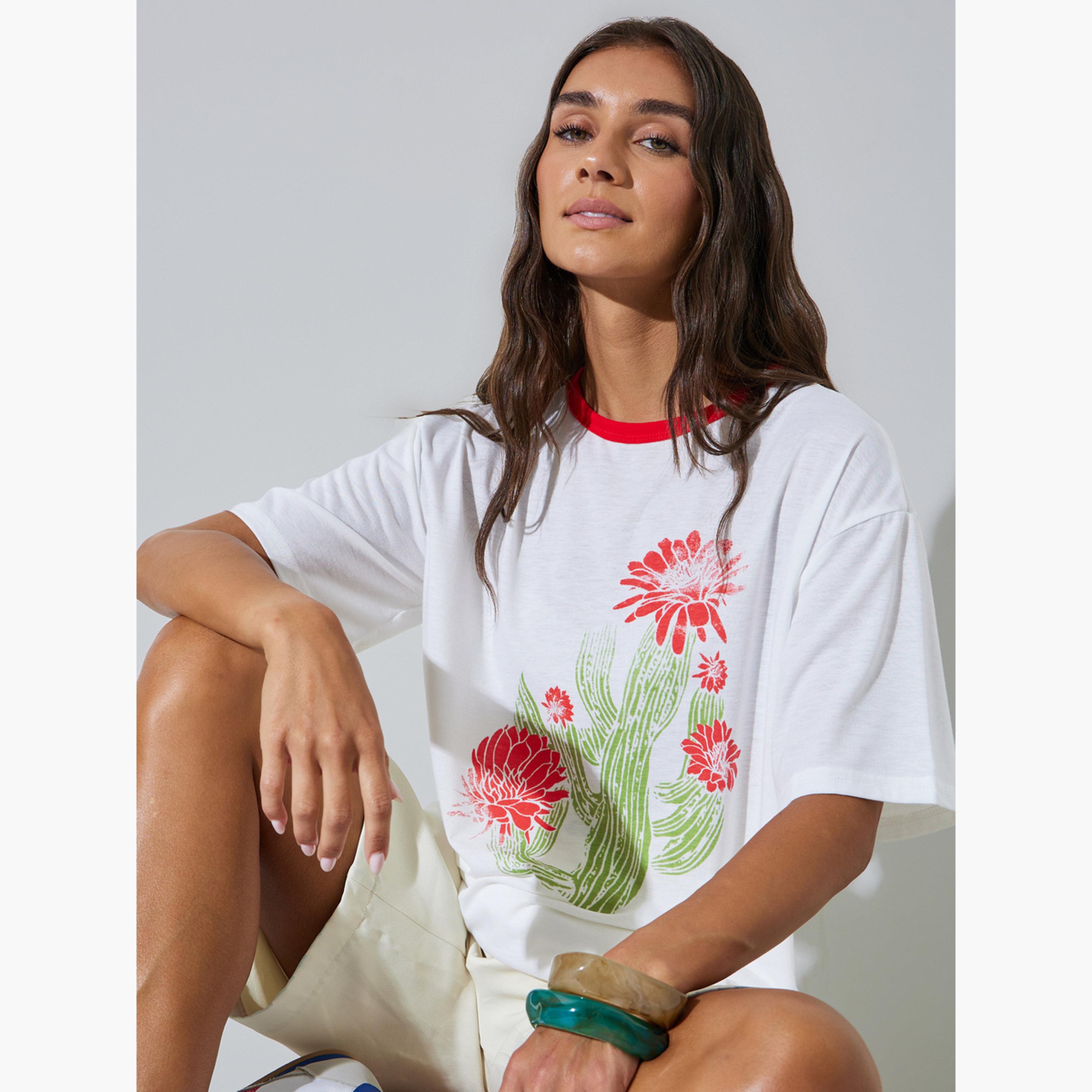 Styli White Floral Print Oversize T-shirt-women-clothing-tshirts-image-3