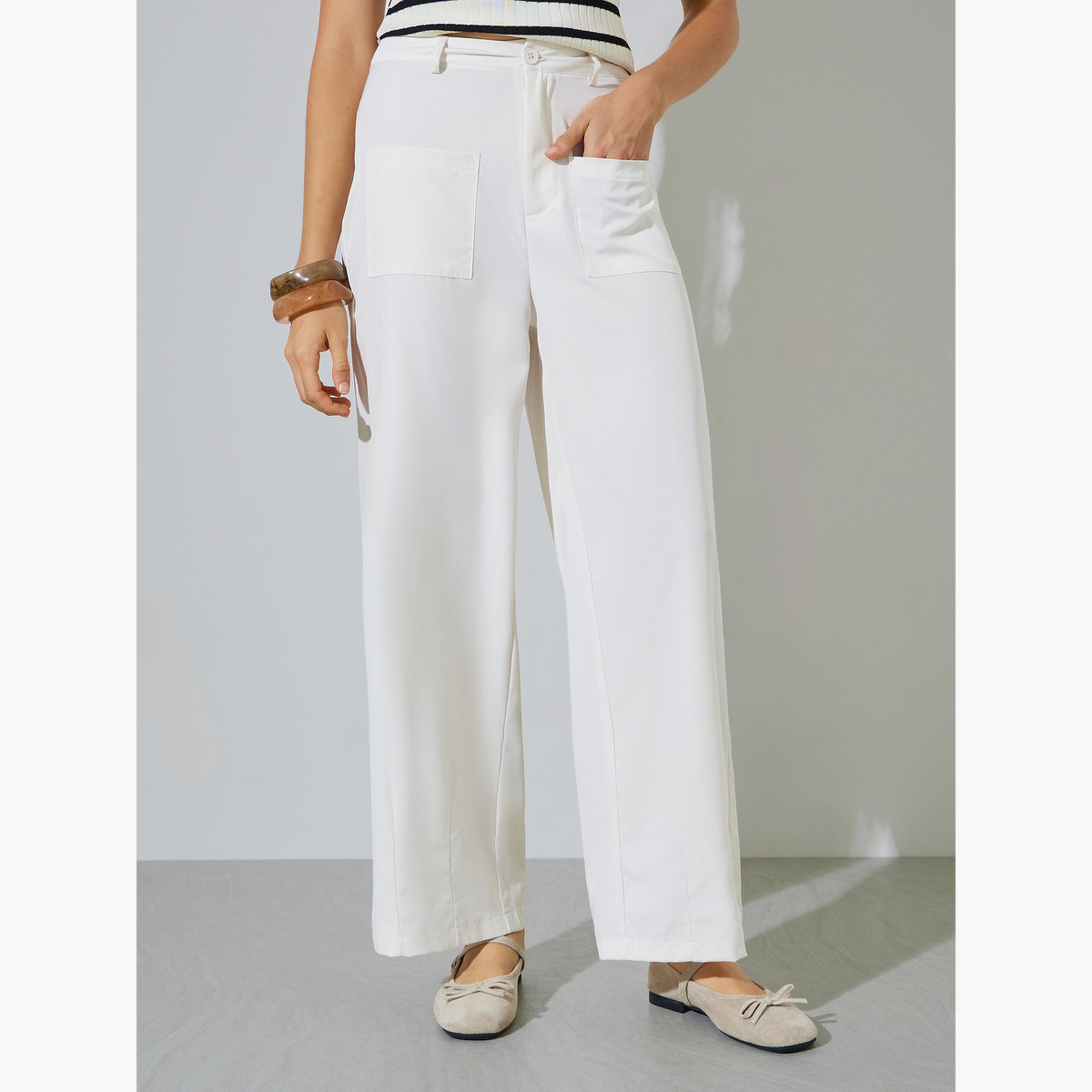 ستايلي - بنطال أبيض كريمي بقصة مستقيمة وجيوب-women-clothing-bottoms-trousers-image-1