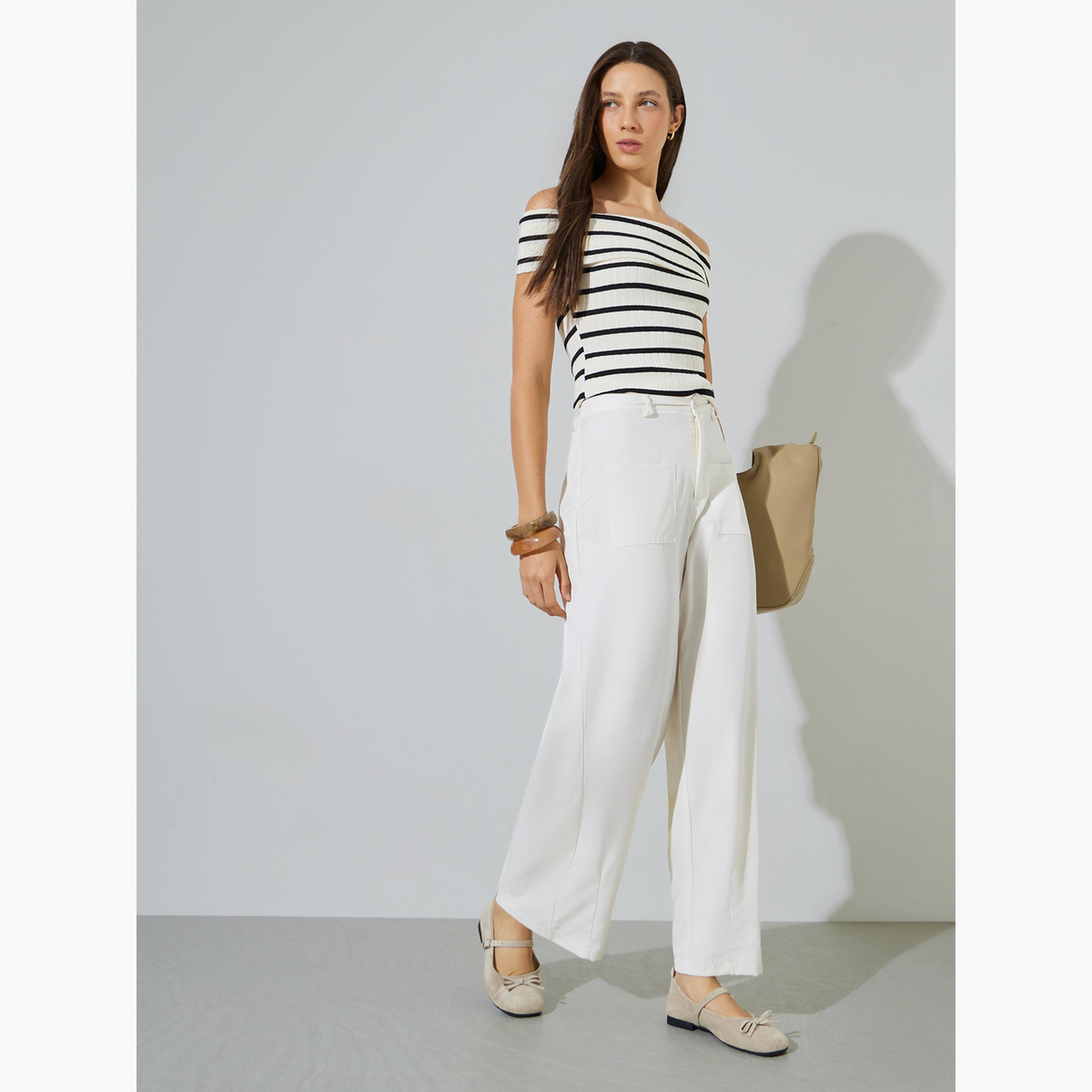 ستايلي - بنطال أبيض كريمي بقصة مستقيمة وجيوب-women-clothing-bottoms-trousers-image-2
