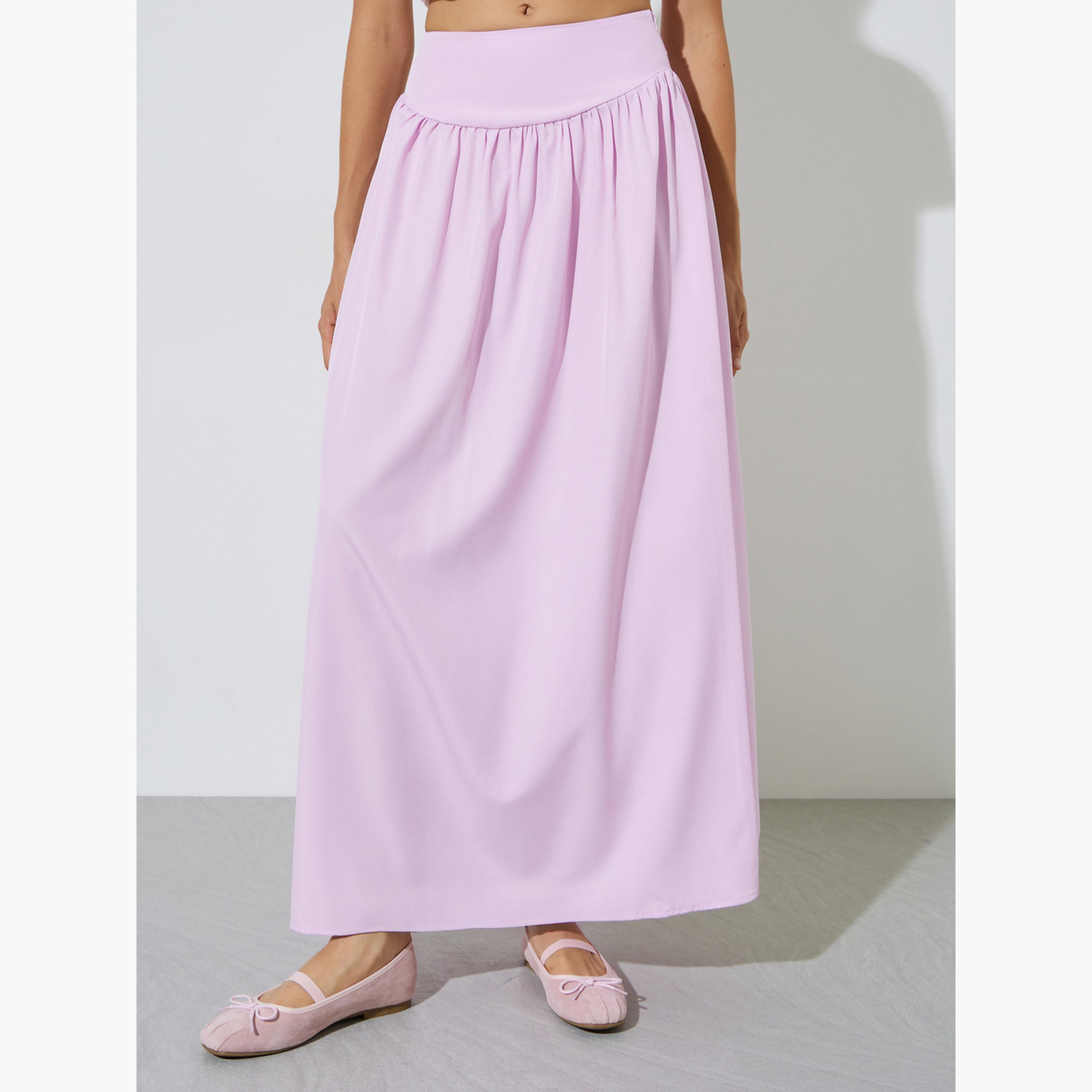 Styli Pink Solid A-Line Maxi Skirt-women-clothing-bottoms-skirts-image-1