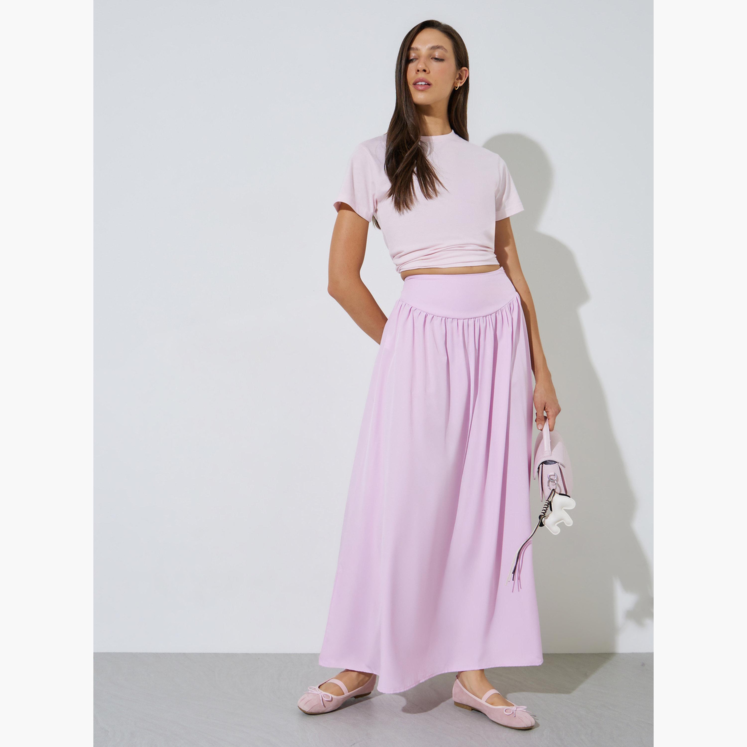 Styli Pink Solid A-Line Maxi Skirt-women-clothing-bottoms-skirts-image-2