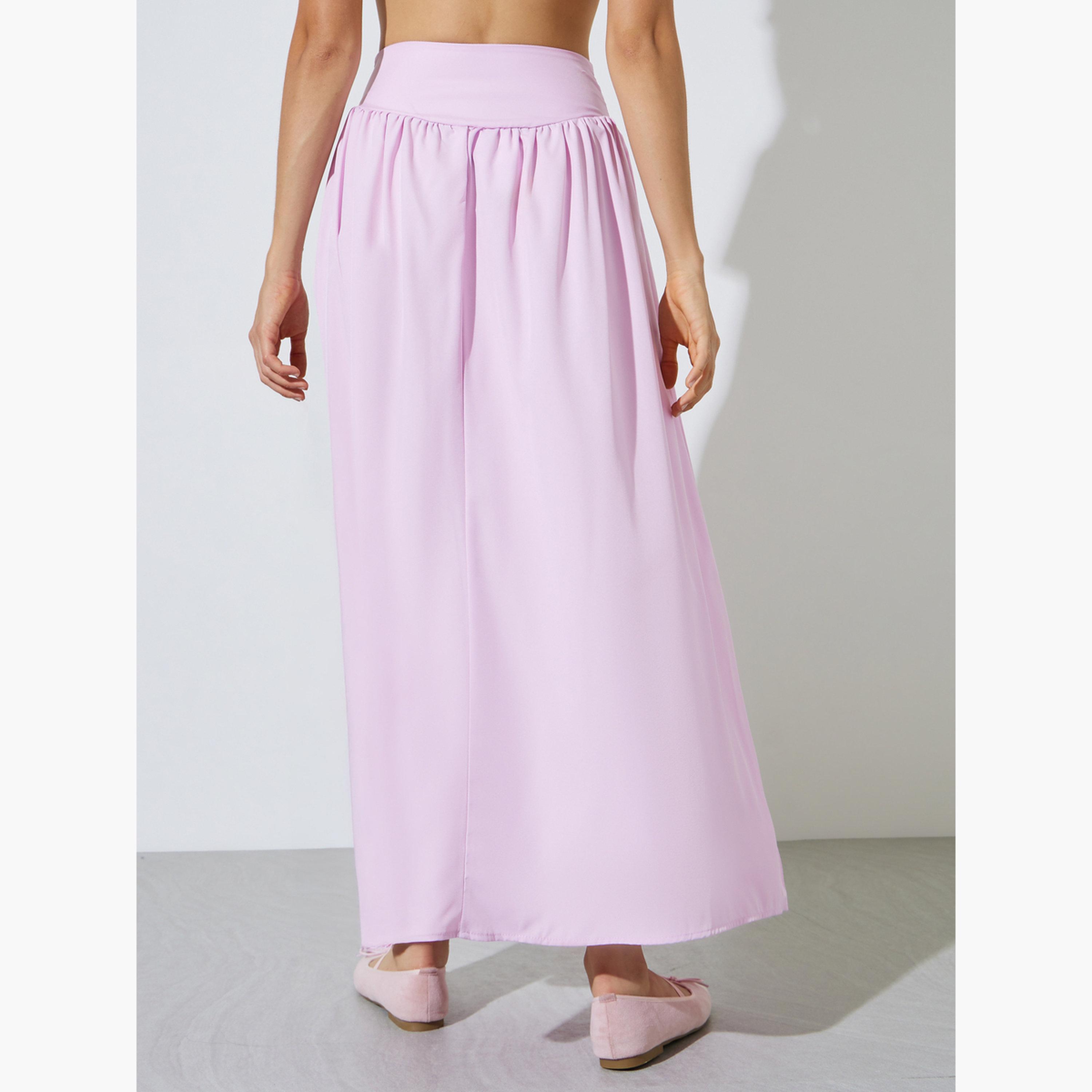 Styli Pink Solid A-Line Maxi Skirt-women-clothing-bottoms-skirts-image-4
