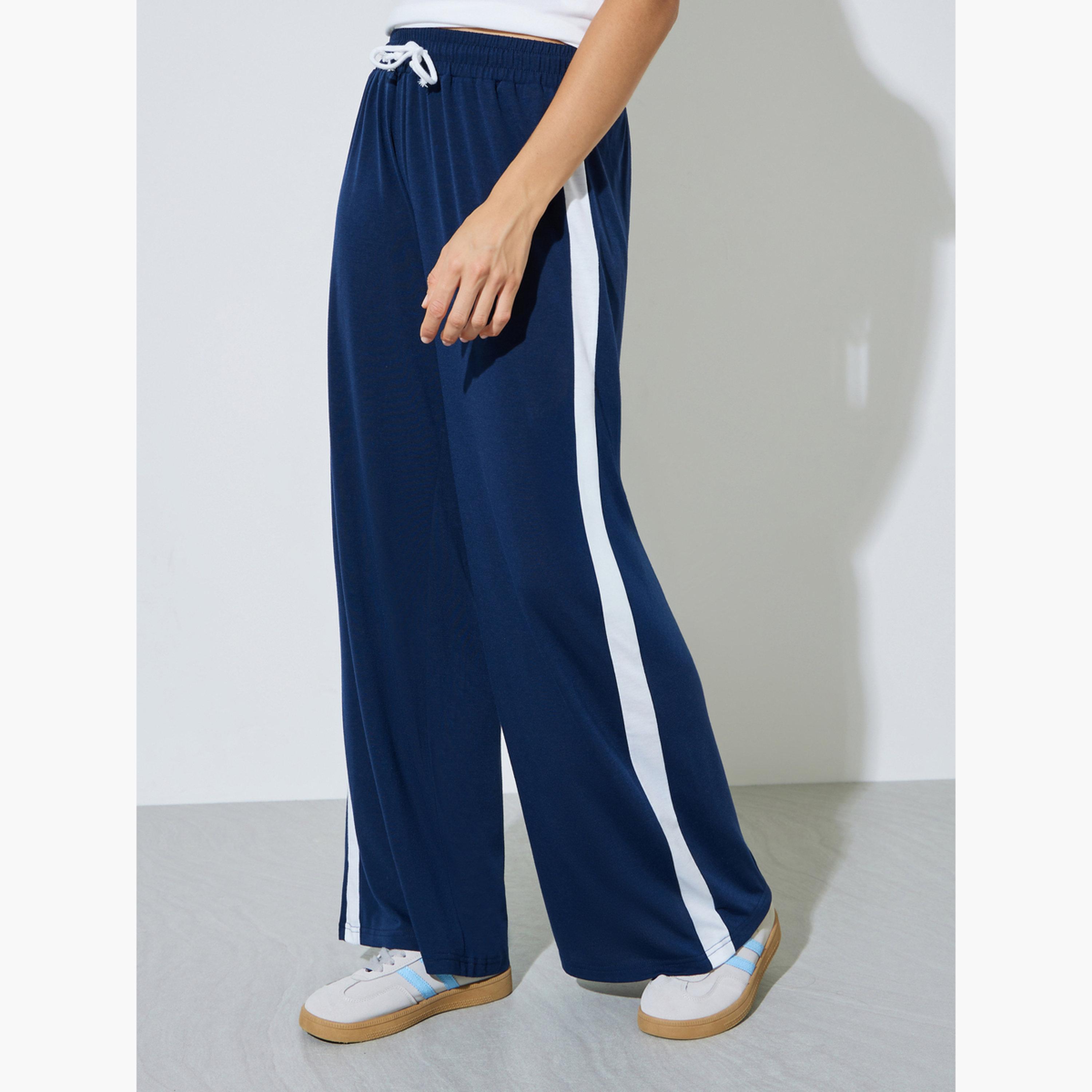 Styli Dark Blue Side Stripe Wide Leg Joggers-women-clothing-bottoms-joggers-image-1