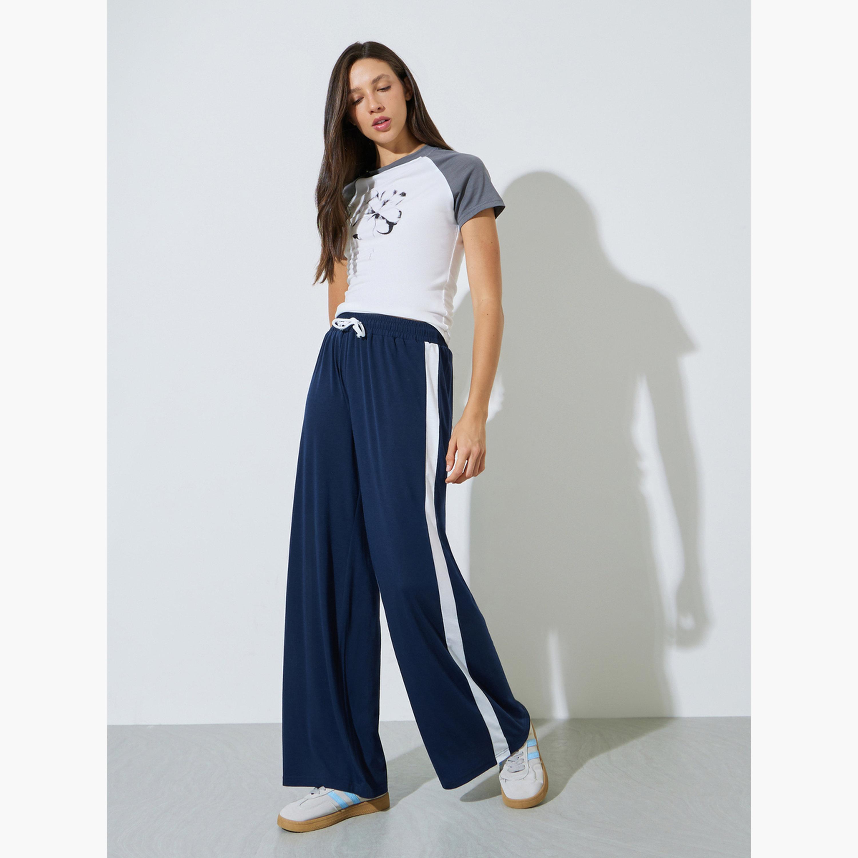 Styli Dark Blue Side Stripe Wide Leg Joggers-women-clothing-bottoms-joggers-image-2
