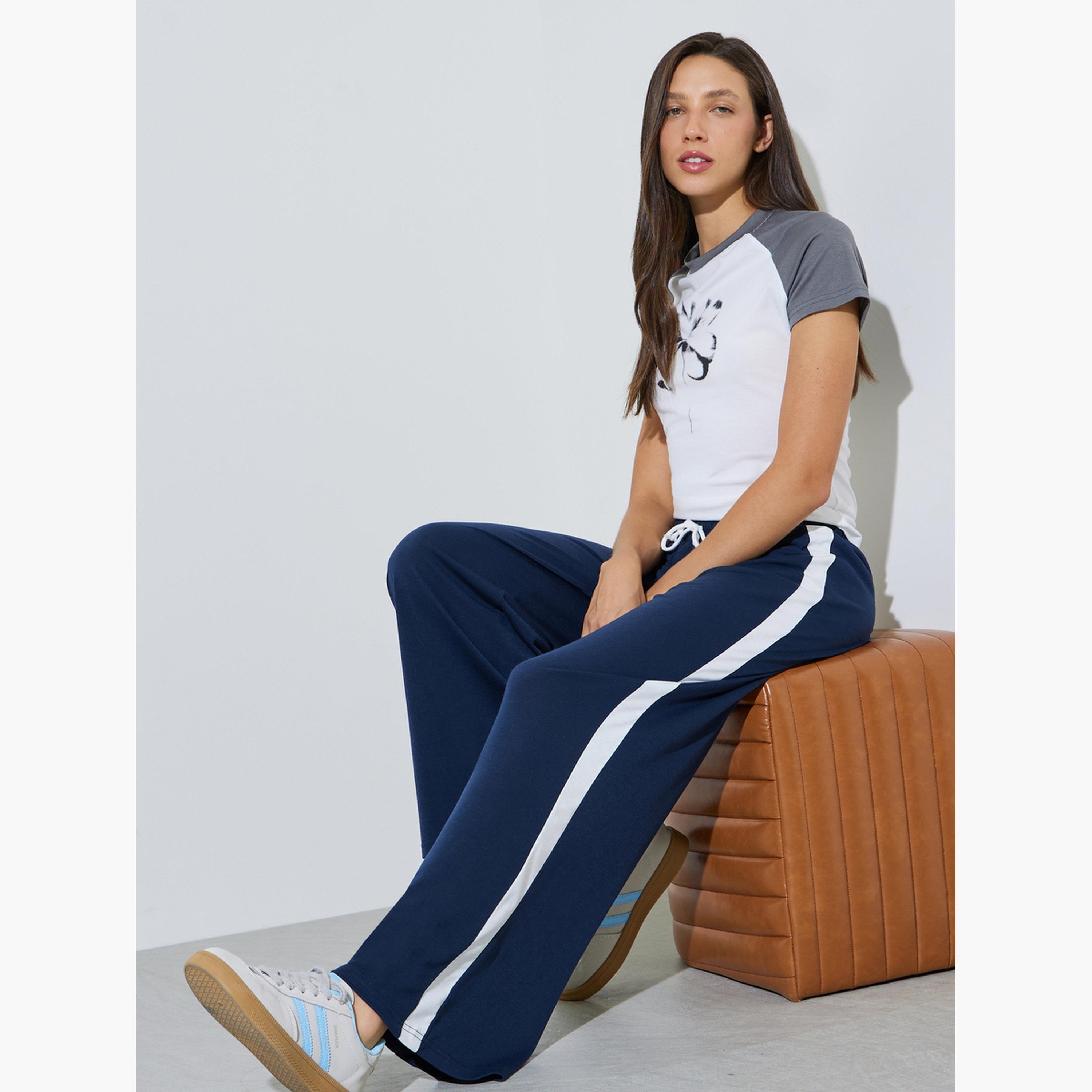 Styli Dark Blue Side Stripe Wide Leg Joggers-women-clothing-bottoms-joggers-image-3
