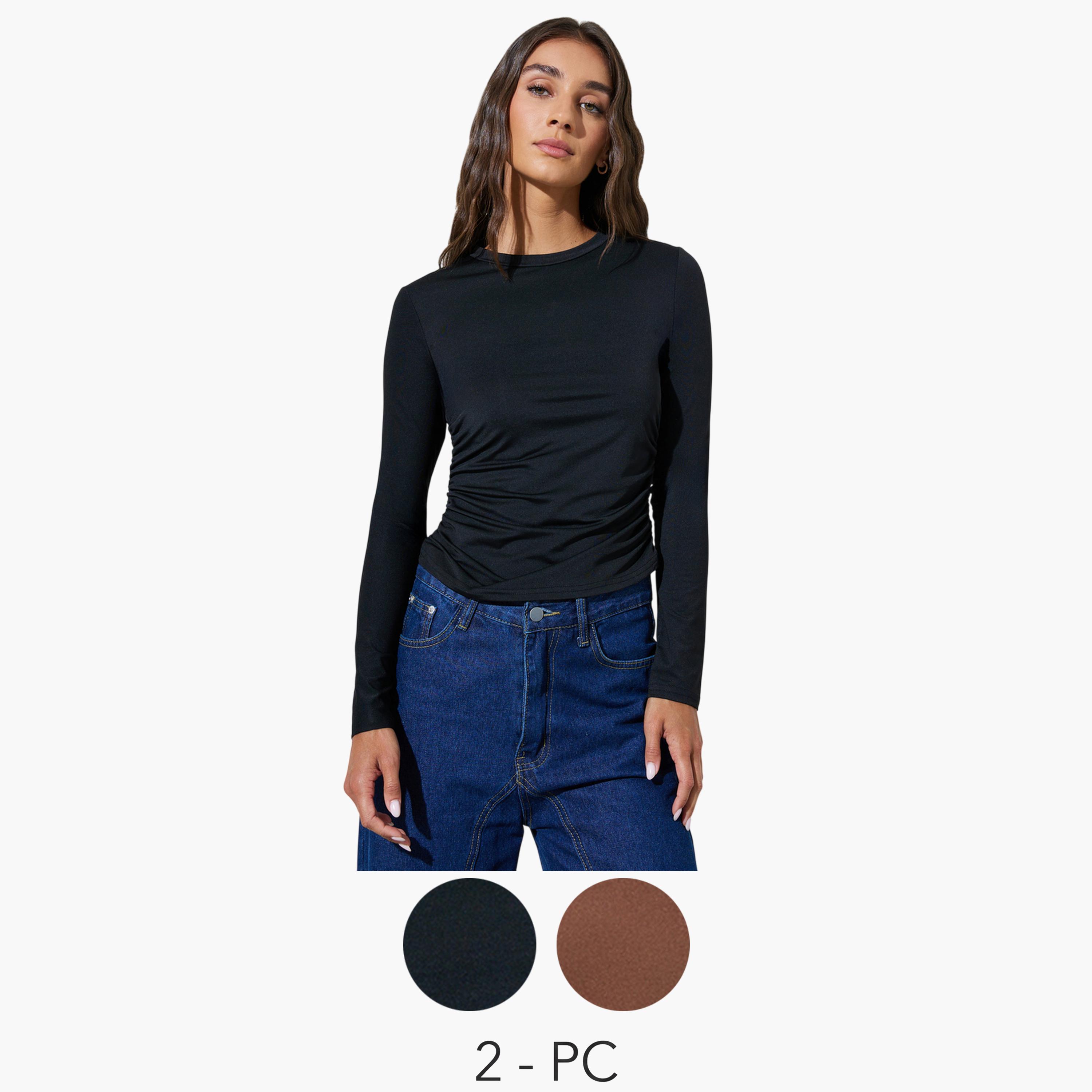Styli Pack of 2 - Long Sleeves Round Neck Ruched Fitted Knit Top-women-clothing-shirtsandblouses-blouses-image-1
