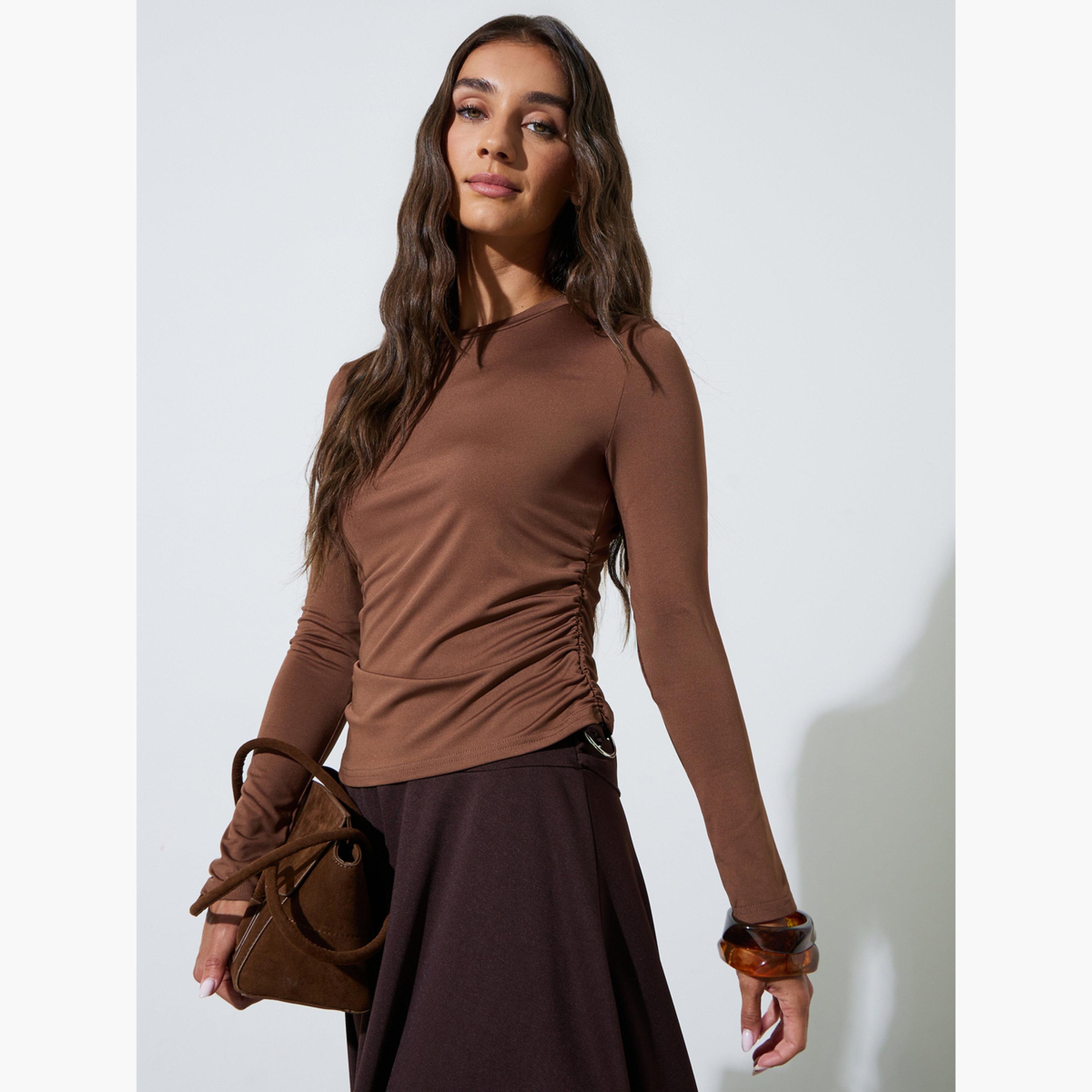 Styli Pack of 2 - Long Sleeves Round Neck Ruched Fitted Knit Top-women-clothing-shirtsandblouses-blouses-image-2