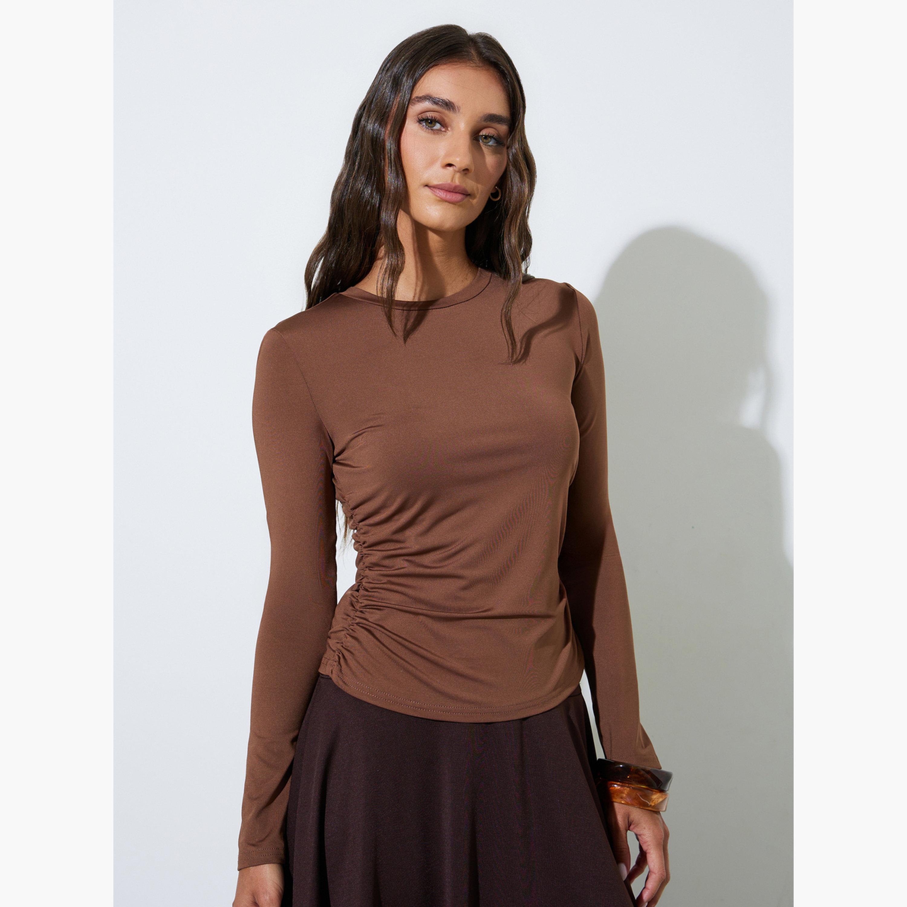 Styli Pack of 2 - Long Sleeves Round Neck Ruched Fitted Knit Top-women-clothing-shirtsandblouses-blouses-image-4
