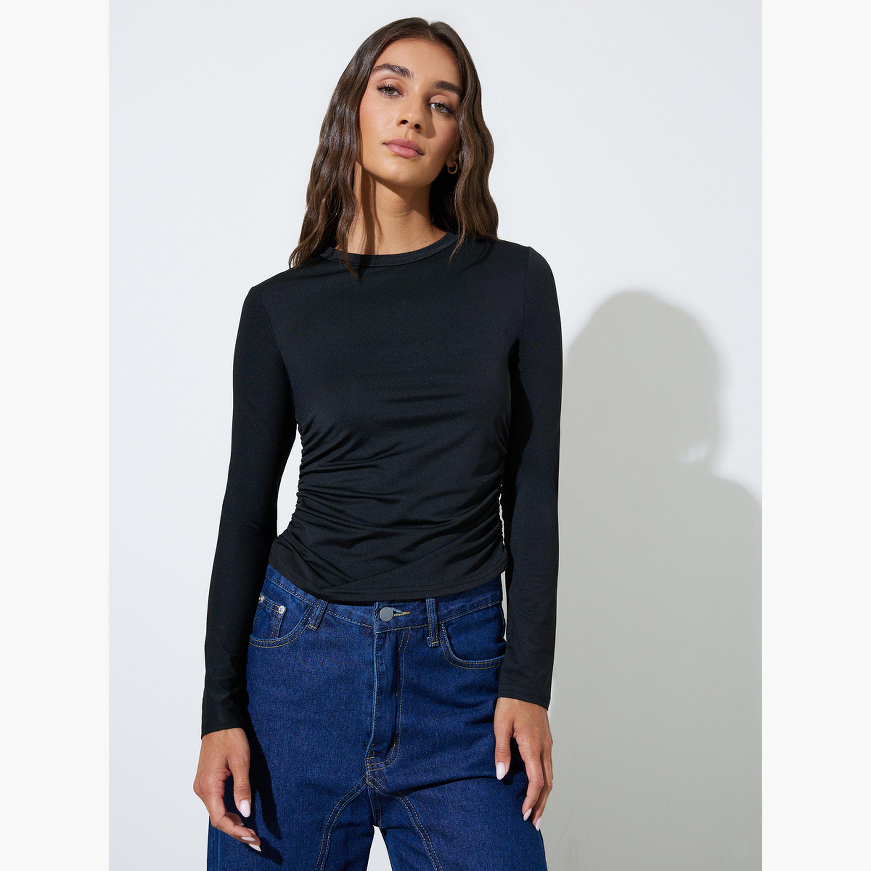 Styli Pack of 2 - Long Sleeves Round Neck Ruched Fitted Knit Top-women-clothing-shirtsandblouses-blouses-image-5