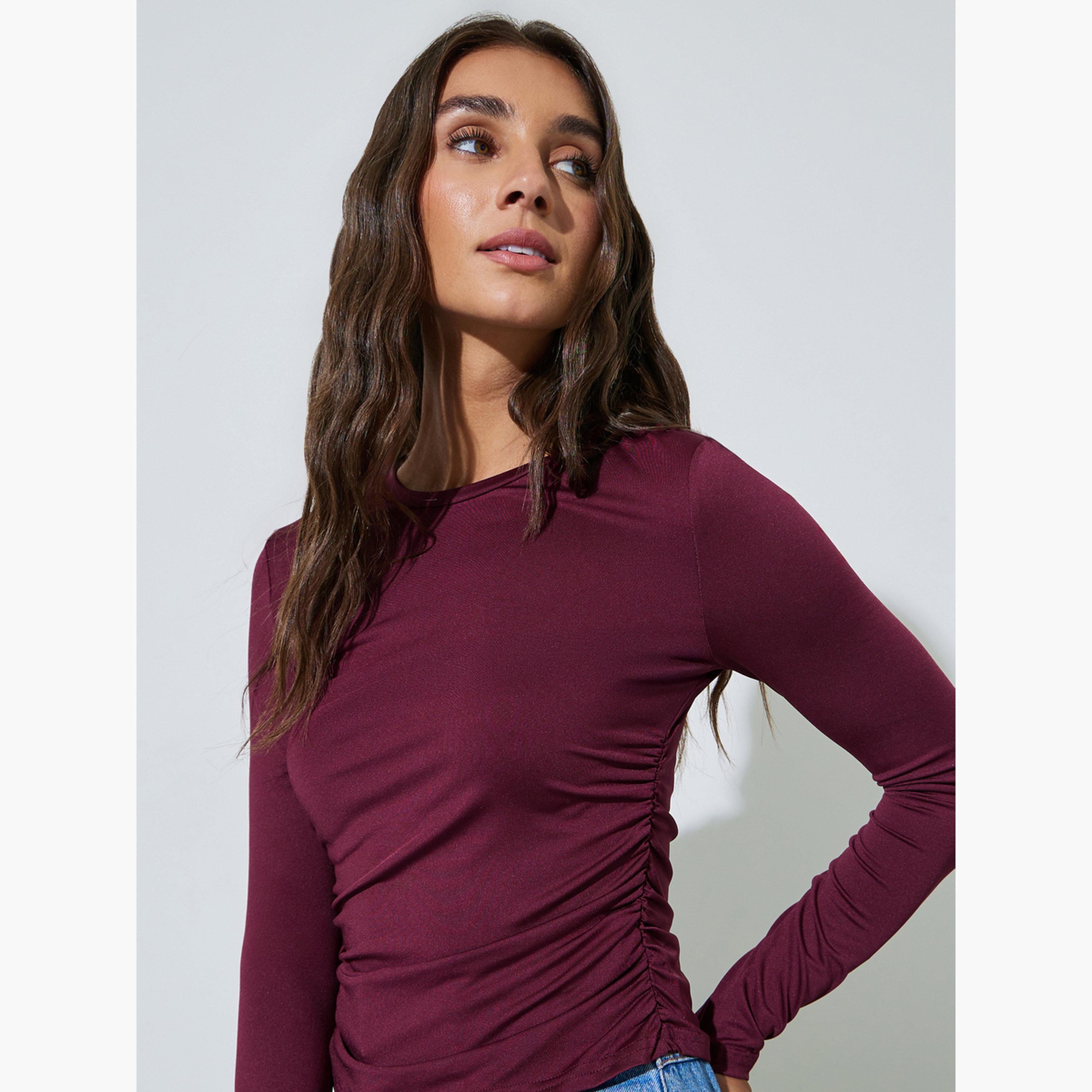 Styli Pack of 2 - Long Sleeves Round Neck Ruched Fitted Knit Top-women-clothing-shirtsandblouses-blouses-image-2