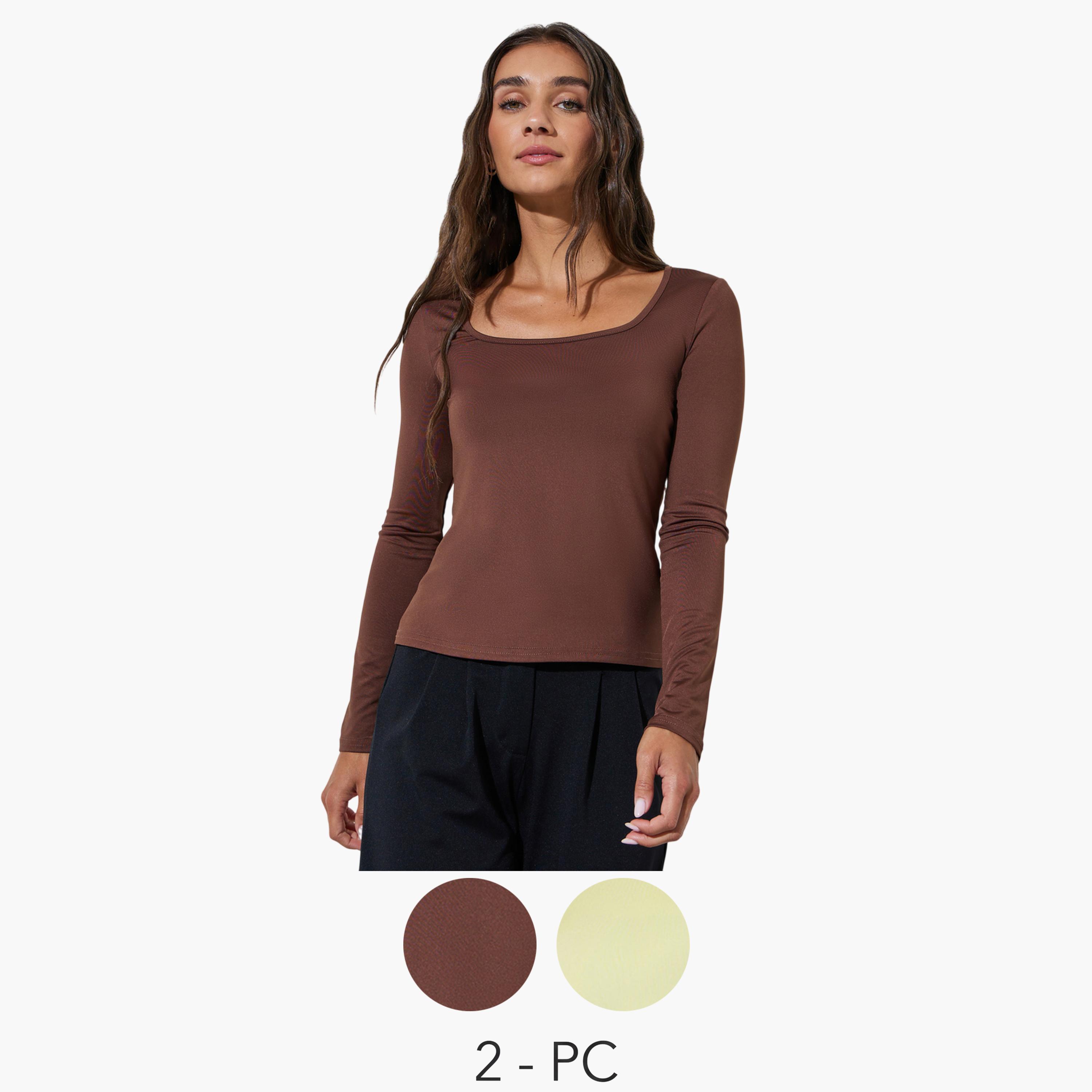 طقم من قطعتين بلوزة محبوكة أكمام طويلة بياقة مربعة-women-clothing-shirtsandblouses-blouses-image-1