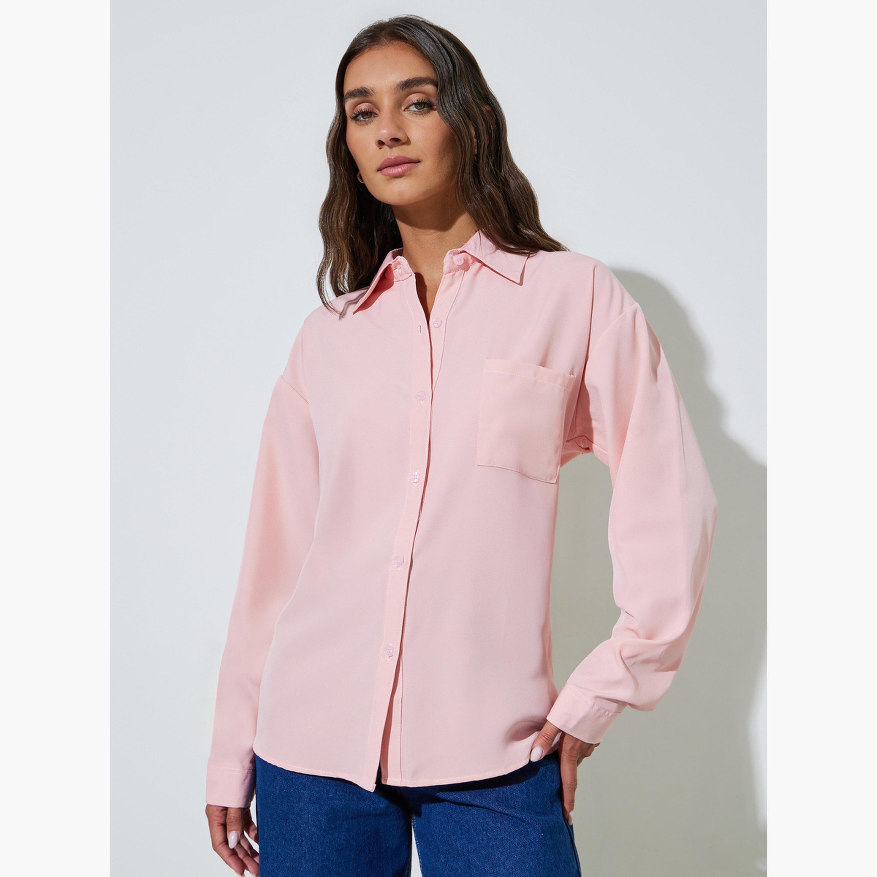 Styli Pink Solid Patch Pocket Oversized Button-Up Shirt-women-clothing-shirtsandblouses-shirts-image-1