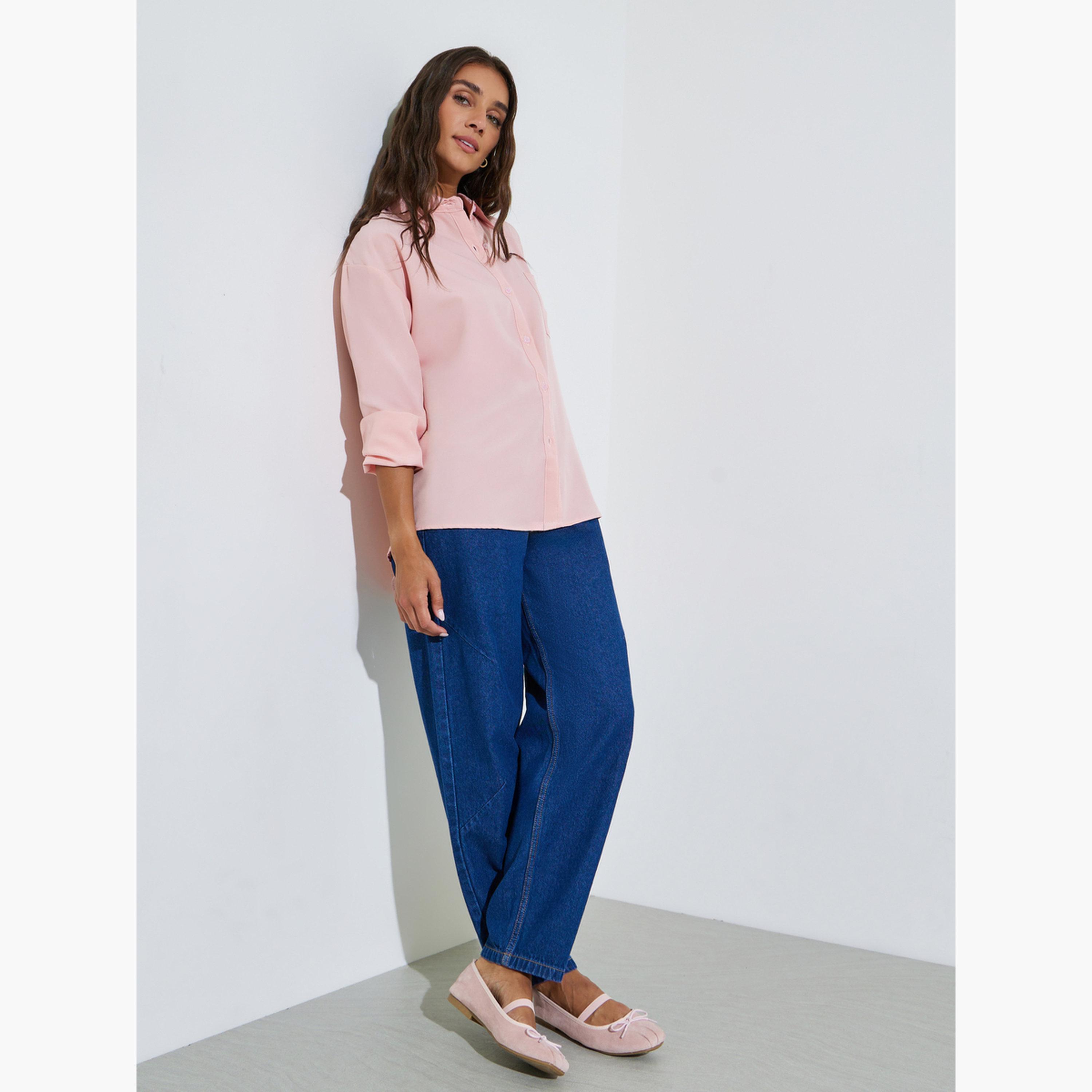 Styli Pink Solid Patch Pocket Oversized Button-Up Shirt-women-clothing-shirtsandblouses-shirts-image-2