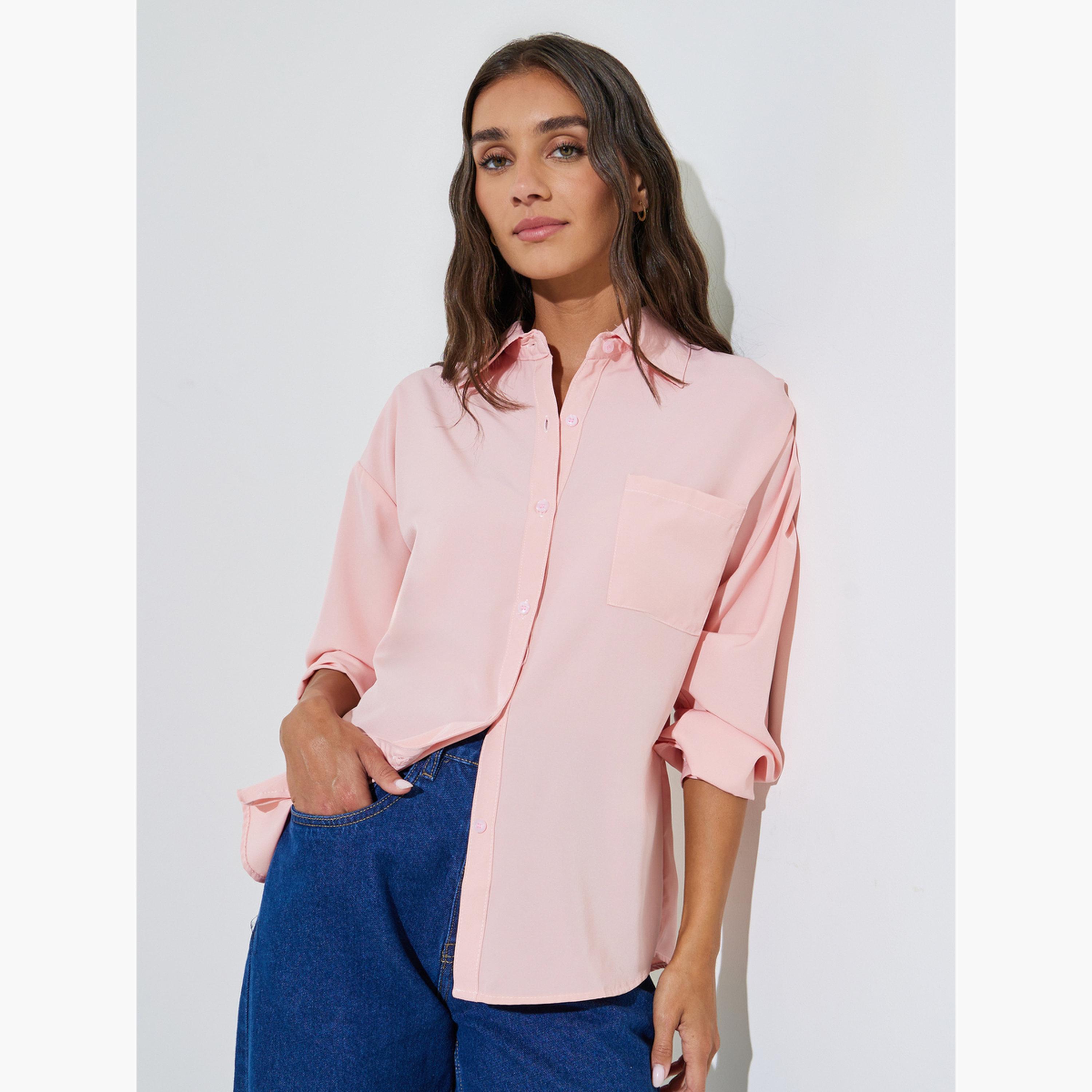 Styli Pink Solid Patch Pocket Oversized Button-Up Shirt-women-clothing-shirtsandblouses-shirts-image-3
