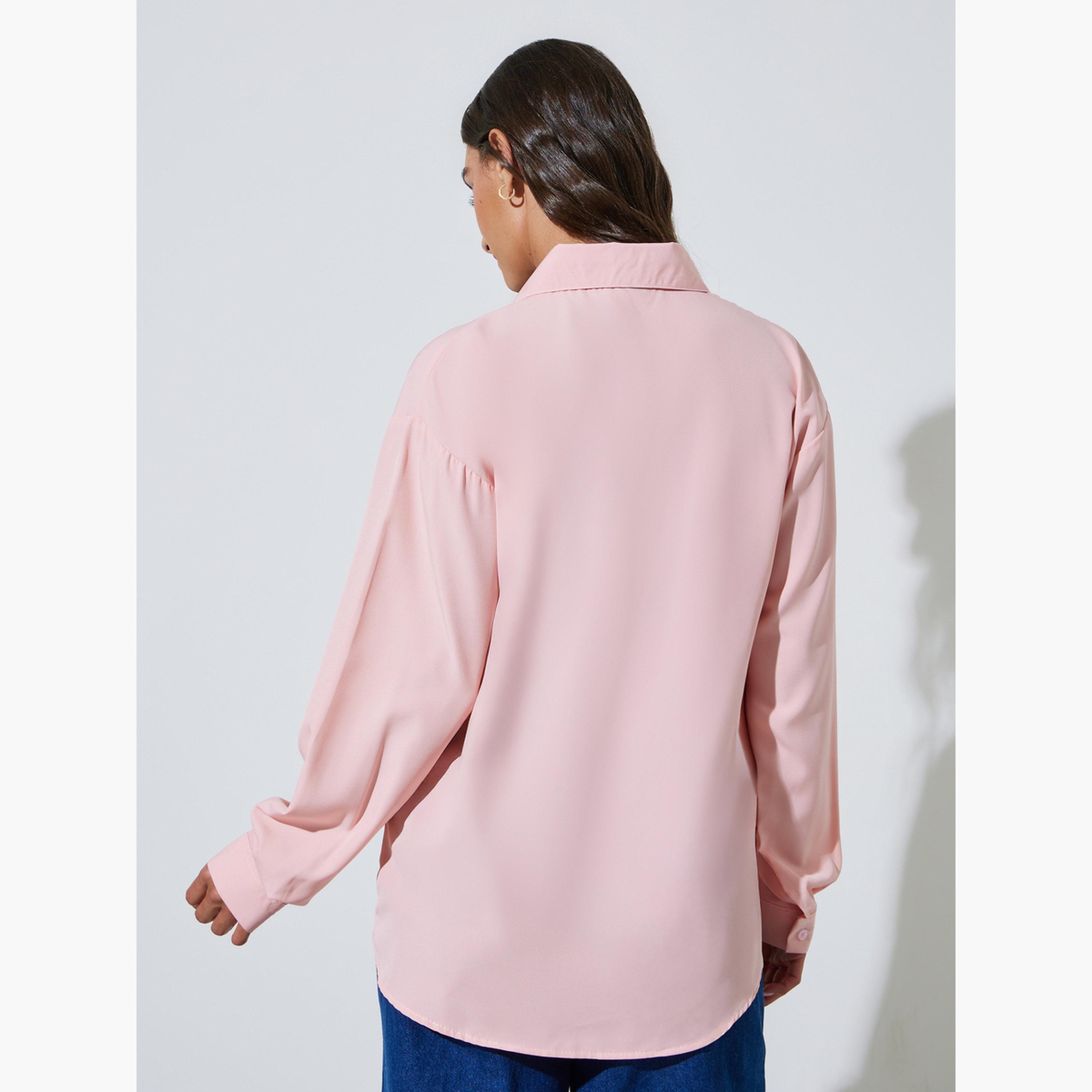 Styli Pink Solid Patch Pocket Oversized Button-Up Shirt-women-clothing-shirtsandblouses-shirts-image-4