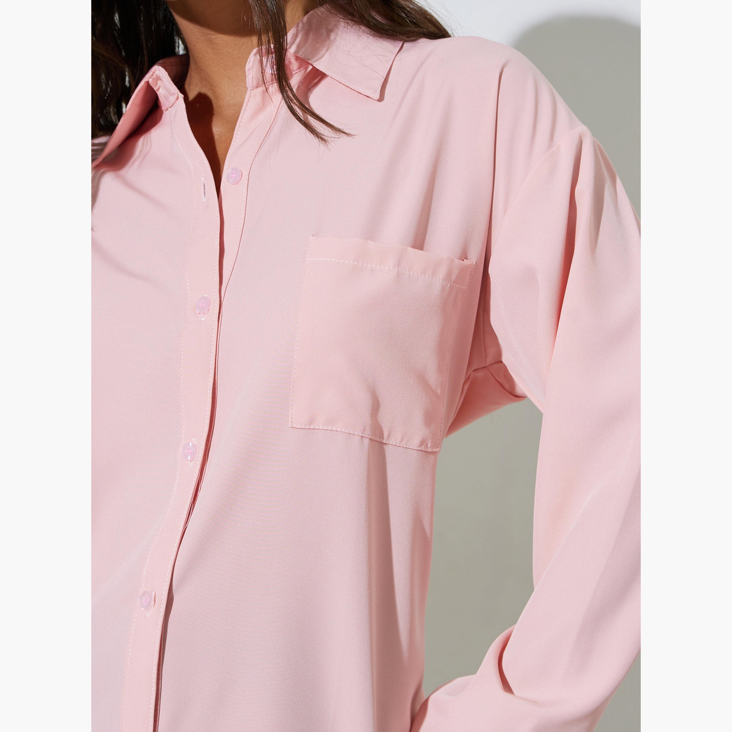 Styli Pink Solid Patch Pocket Oversized Button-Up Shirt-women-clothing-shirtsandblouses-shirts-image-5