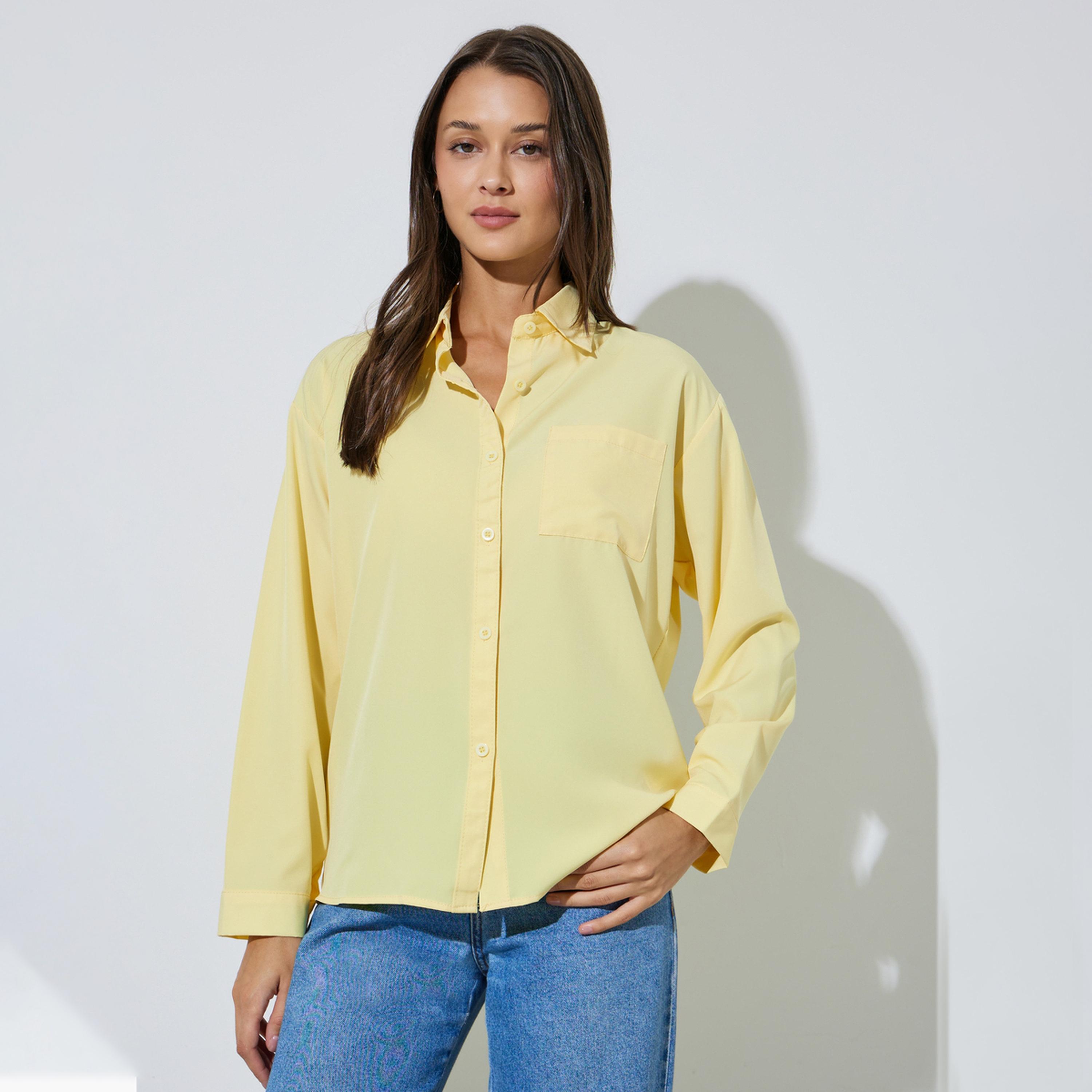 Styli Yellow Solid Patch Pocket Oversized Button-Up Shirt-women-clothing-shirtsandblouses-shirts-image-1