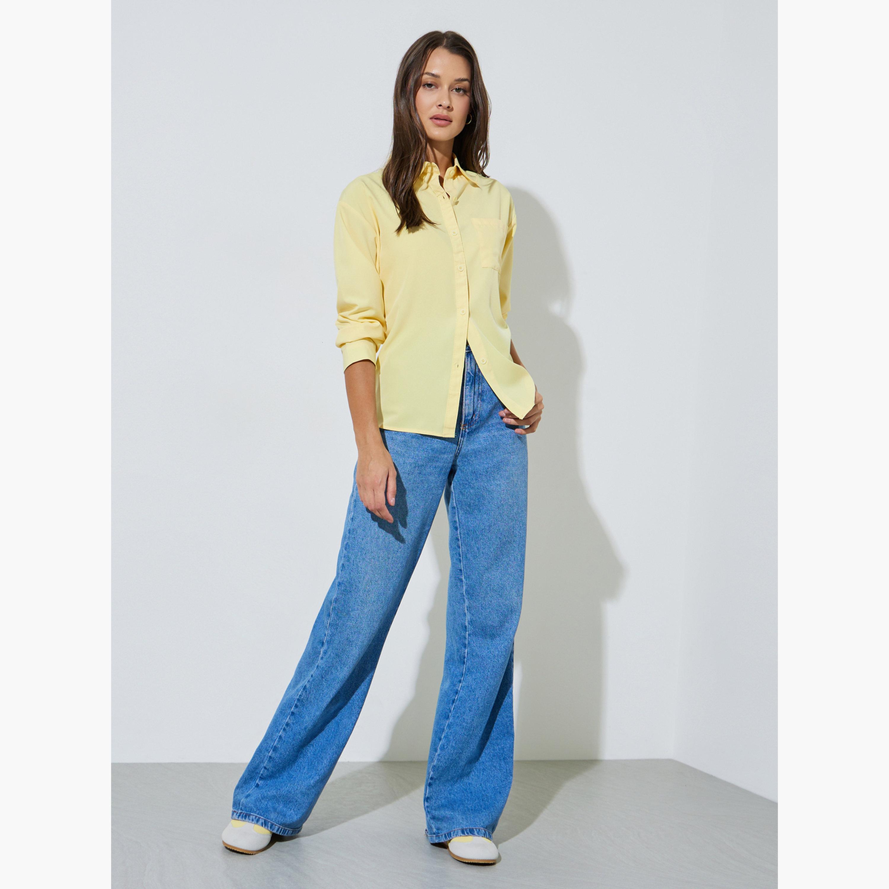 قميص بأزرار وأكمام واسعة وجيب بارز بلون سادة لون أصفر-women-clothing-shirtsandblouses-shirts-image-2
