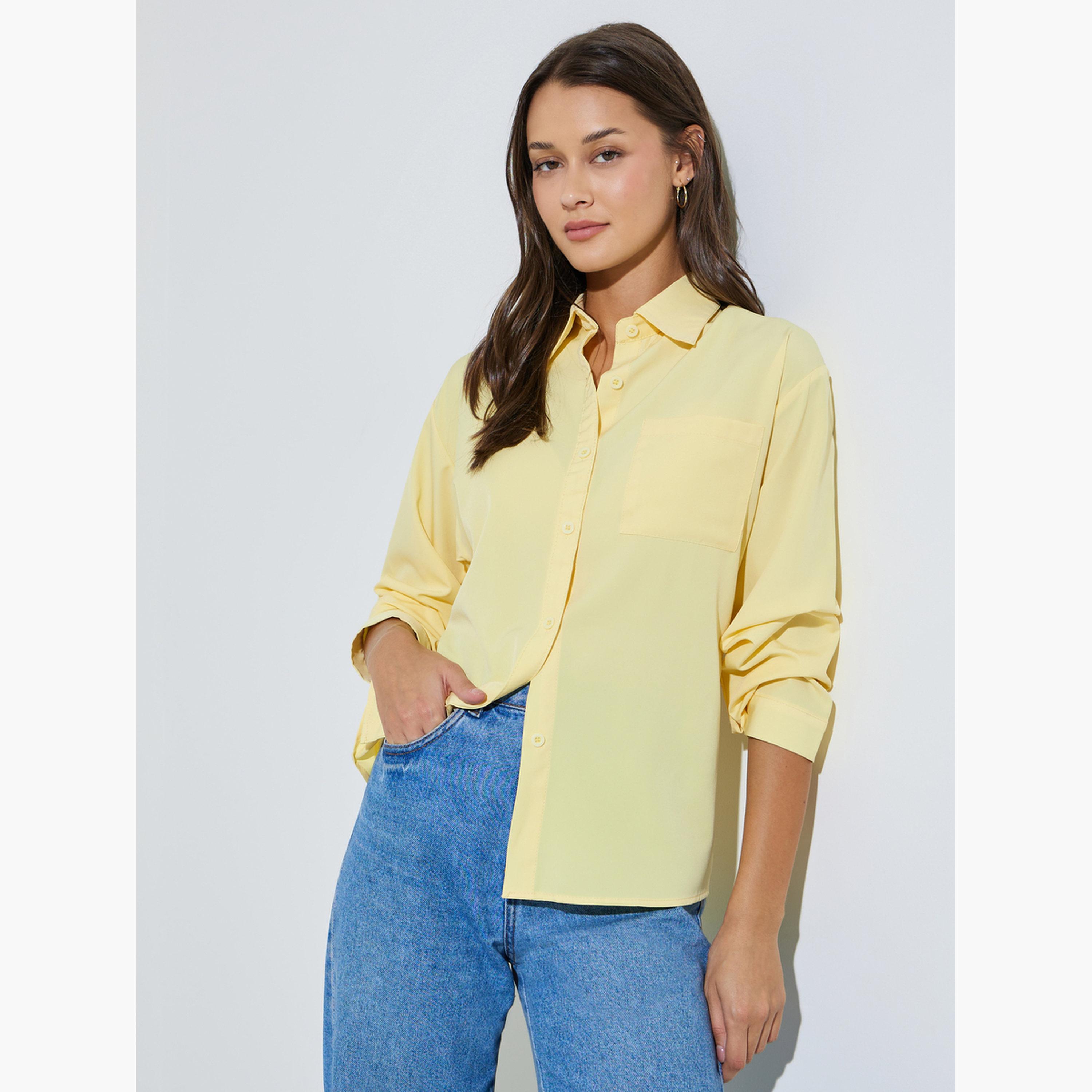 قميص بأزرار وأكمام واسعة وجيب بارز بلون سادة لون أصفر-women-clothing-shirtsandblouses-shirts-image-3