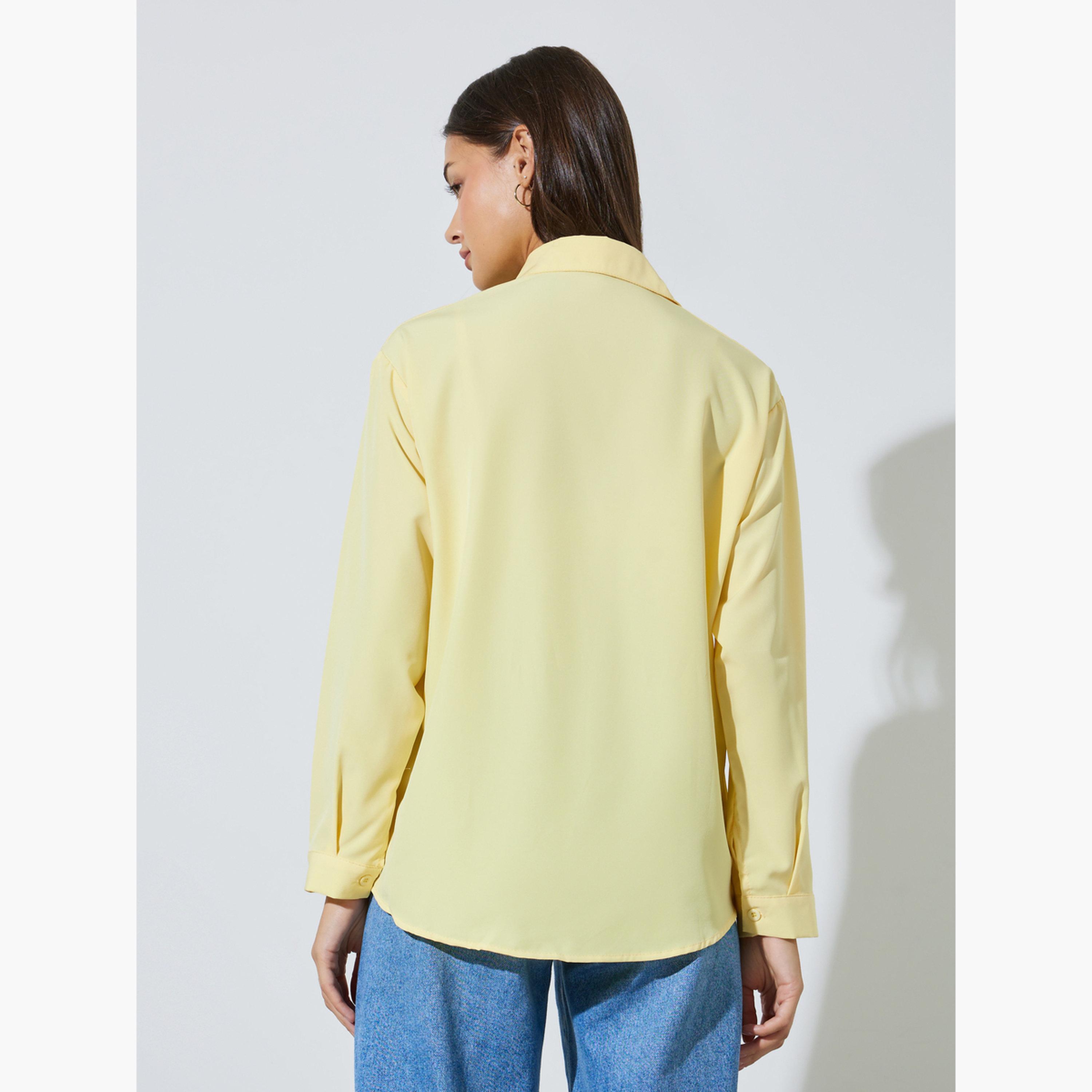Styli Yellow Solid Patch Pocket Oversized Button-Up Shirt-women-clothing-shirtsandblouses-shirts-image-4