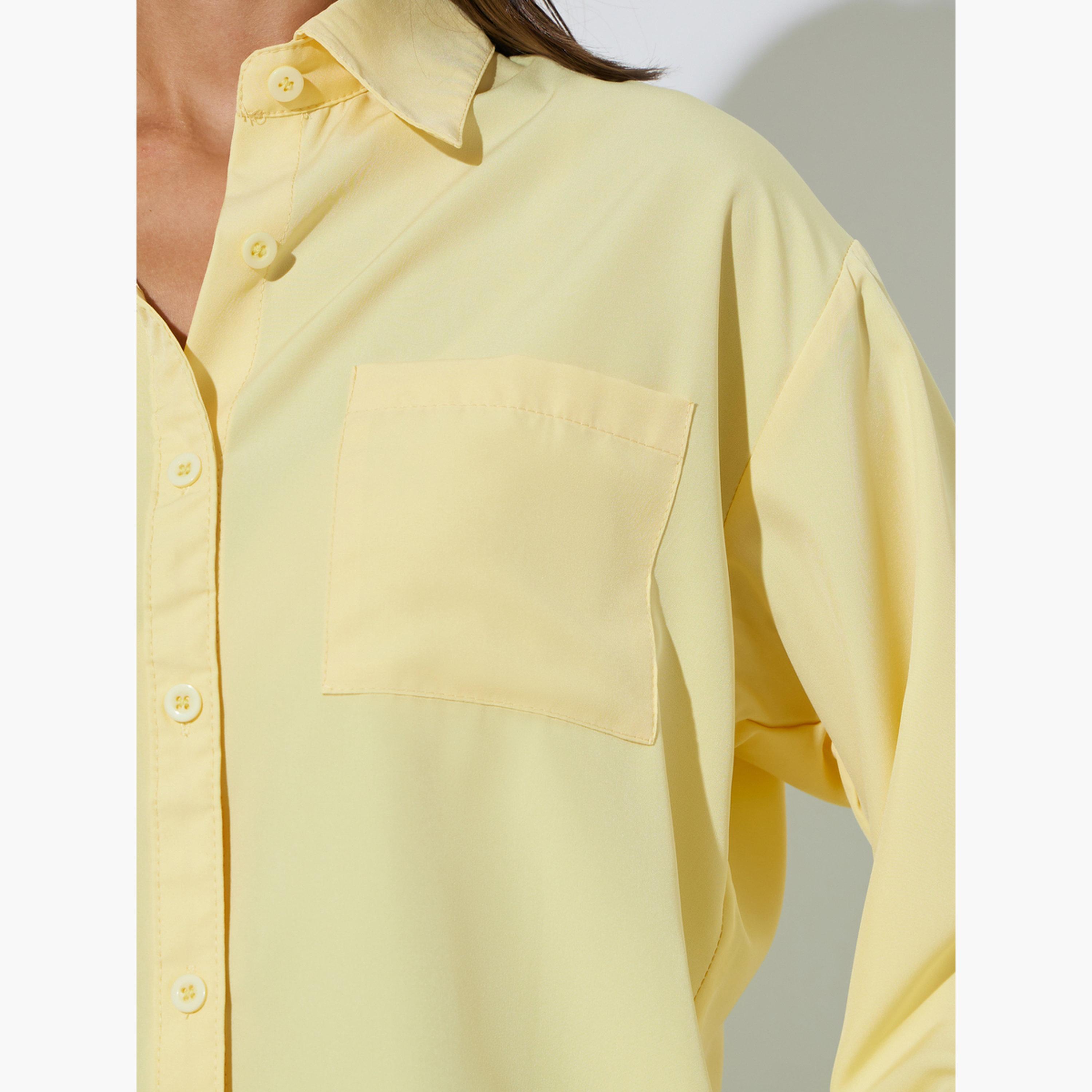 Styli Yellow Solid Patch Pocket Oversized Button-Up Shirt-women-clothing-shirtsandblouses-shirts-image-5
