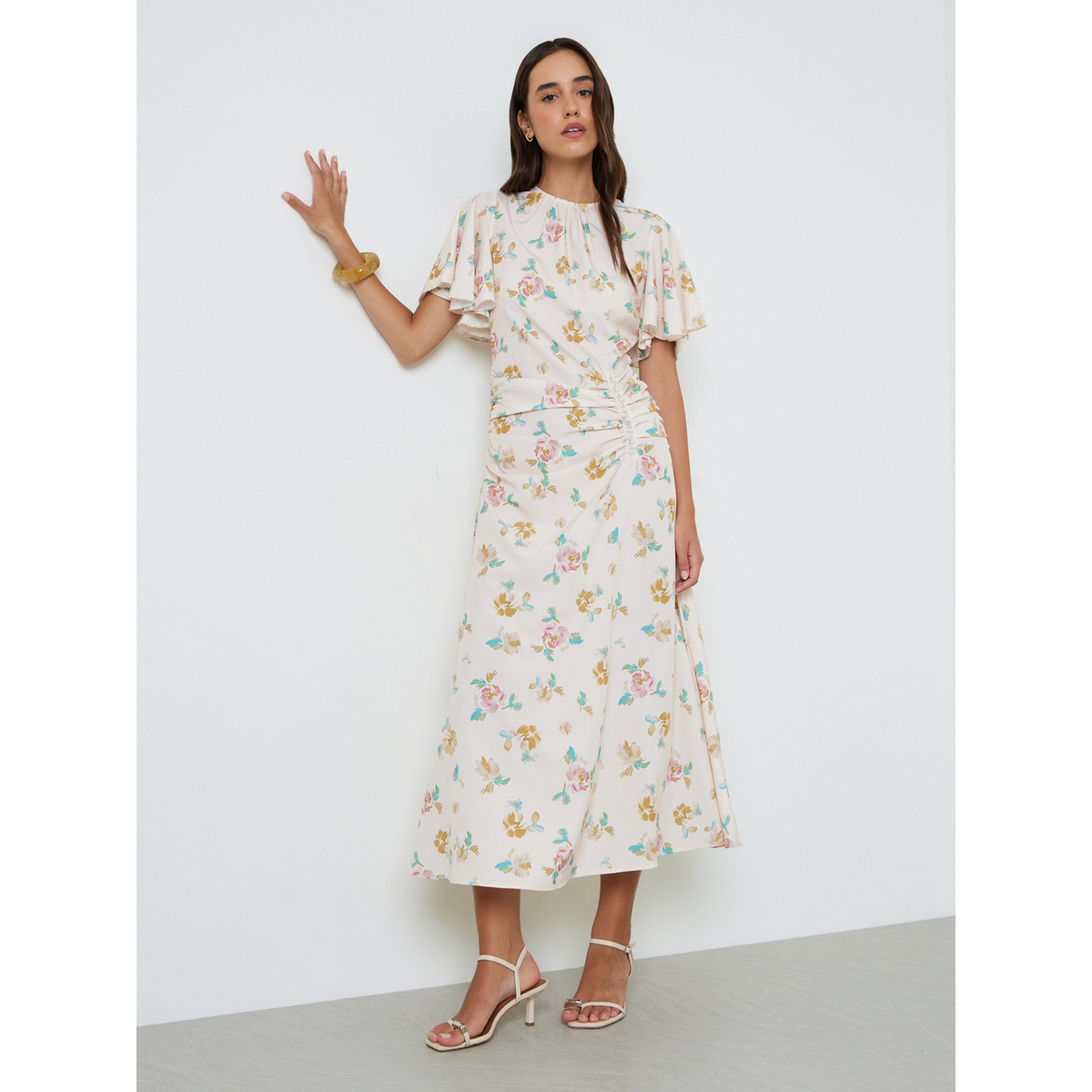 فستان بطول الكاحل بأكمام قصيرة وحافة واسعة وطبعة أزهار-women-clothing-dresses-image-1
