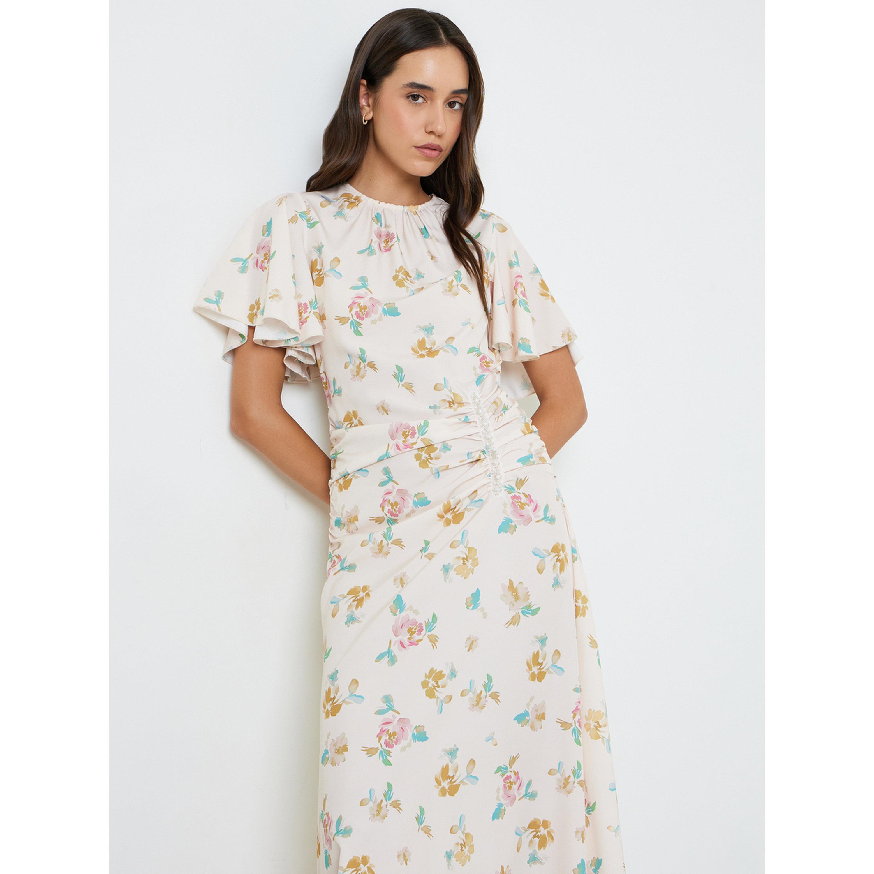 فستان بطول الكاحل بأكمام قصيرة وحافة واسعة وطبعة أزهار-women-clothing-dresses-image-4