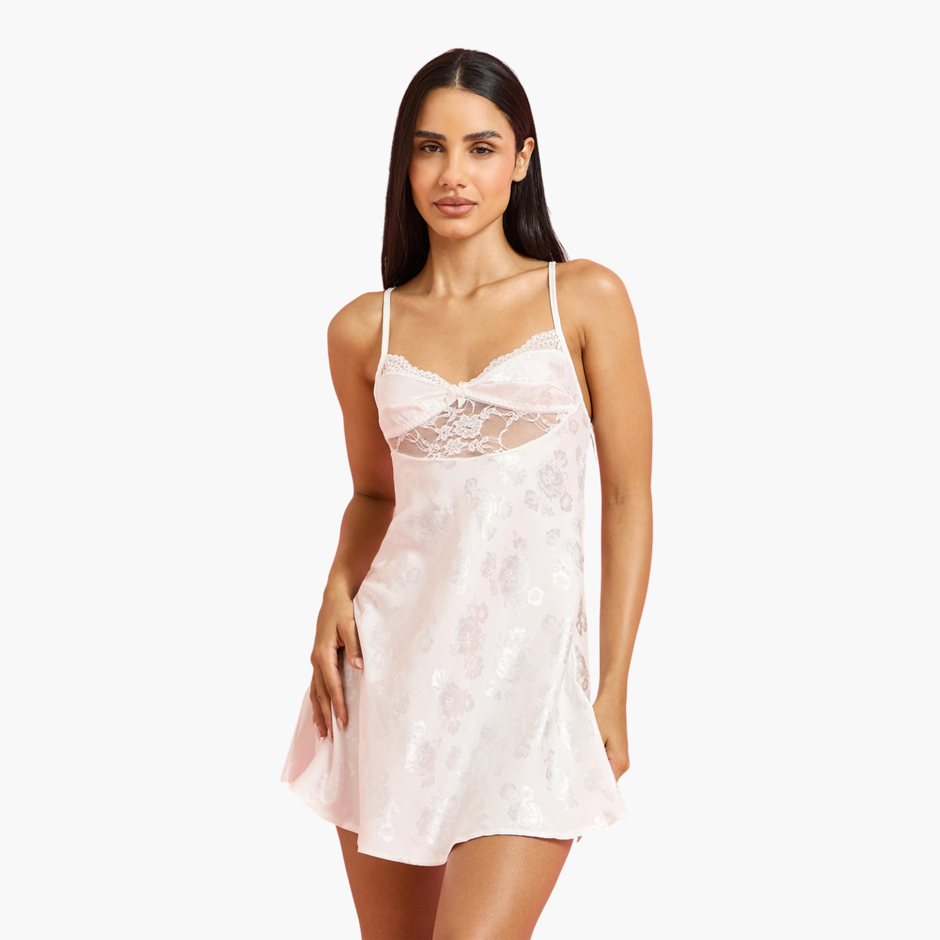 Styli White Floral Jacquard with Lace Details Babydoll with Gloves-women-clothing-lingerie-babydollsandbodysuits-image-1
