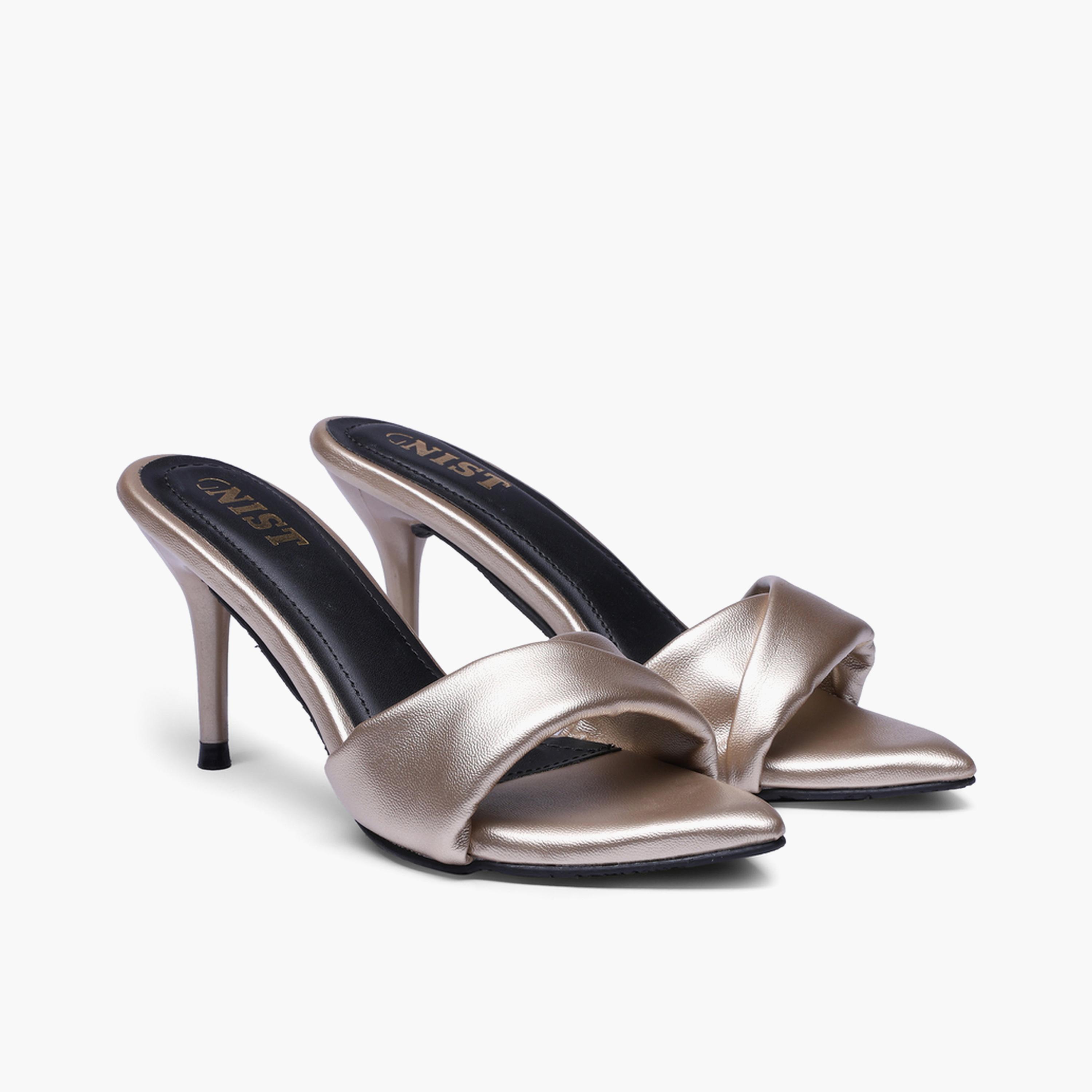 GNIST X Styli Gold Twisted Strap Mid-Heel Sandals-women-shoes-sandals-heeled-image-1