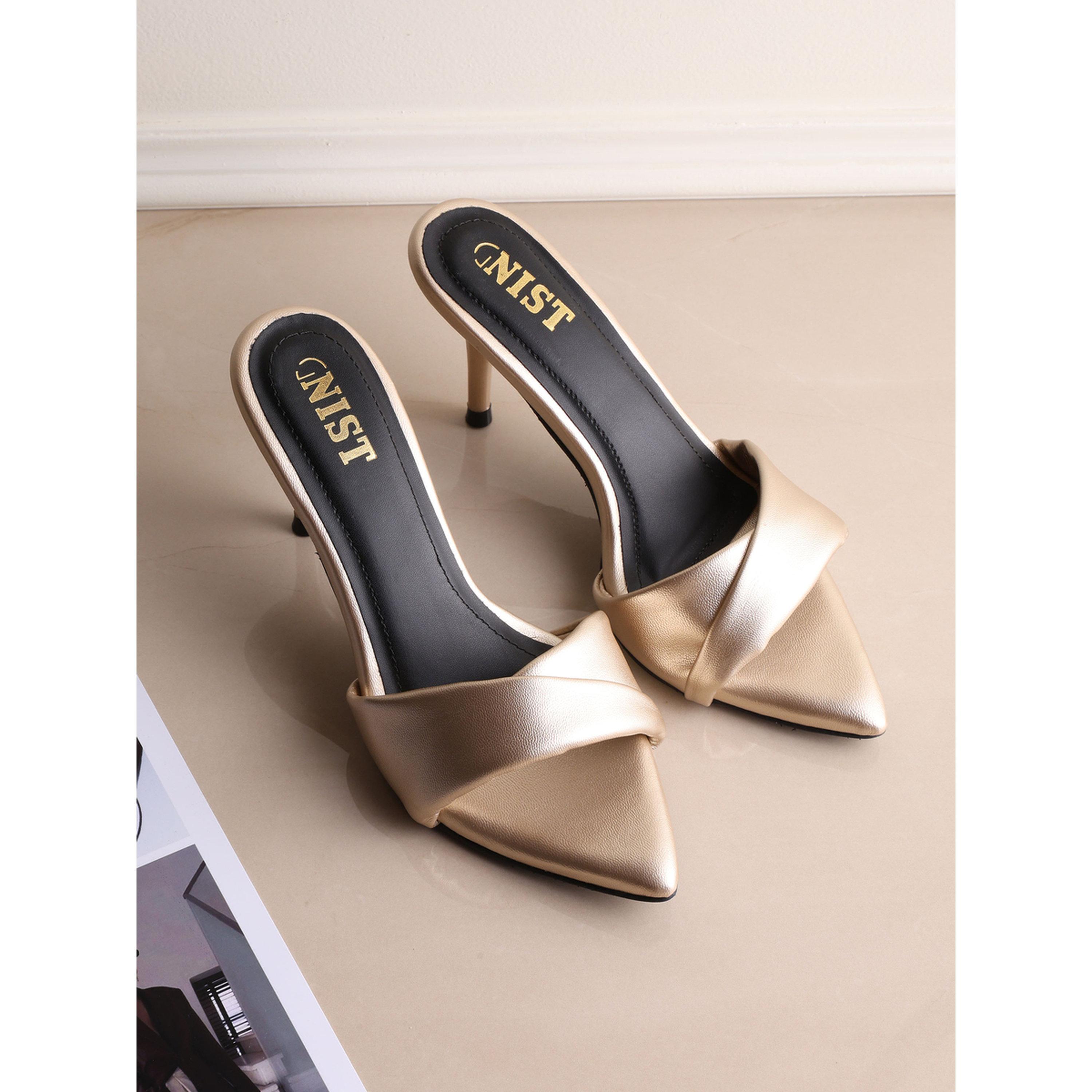 GNIST X Styli Gold Twisted Strap Mid-Heel Sandals-women-shoes-sandals-heeled-image-5