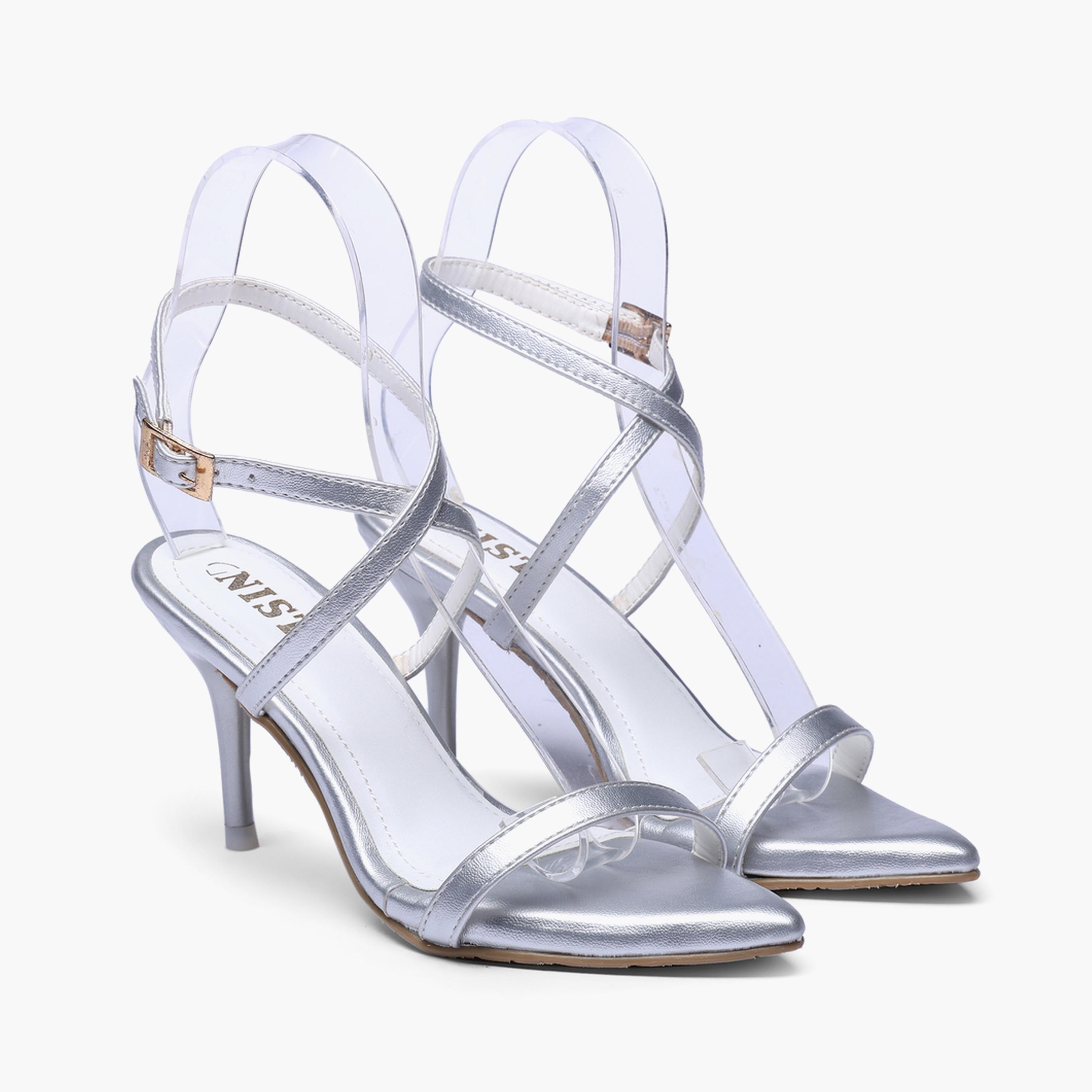 صندل بكعب متوسط وحزام كاحل باللون الفضي-women-shoes-sandals-heeled-image-1
