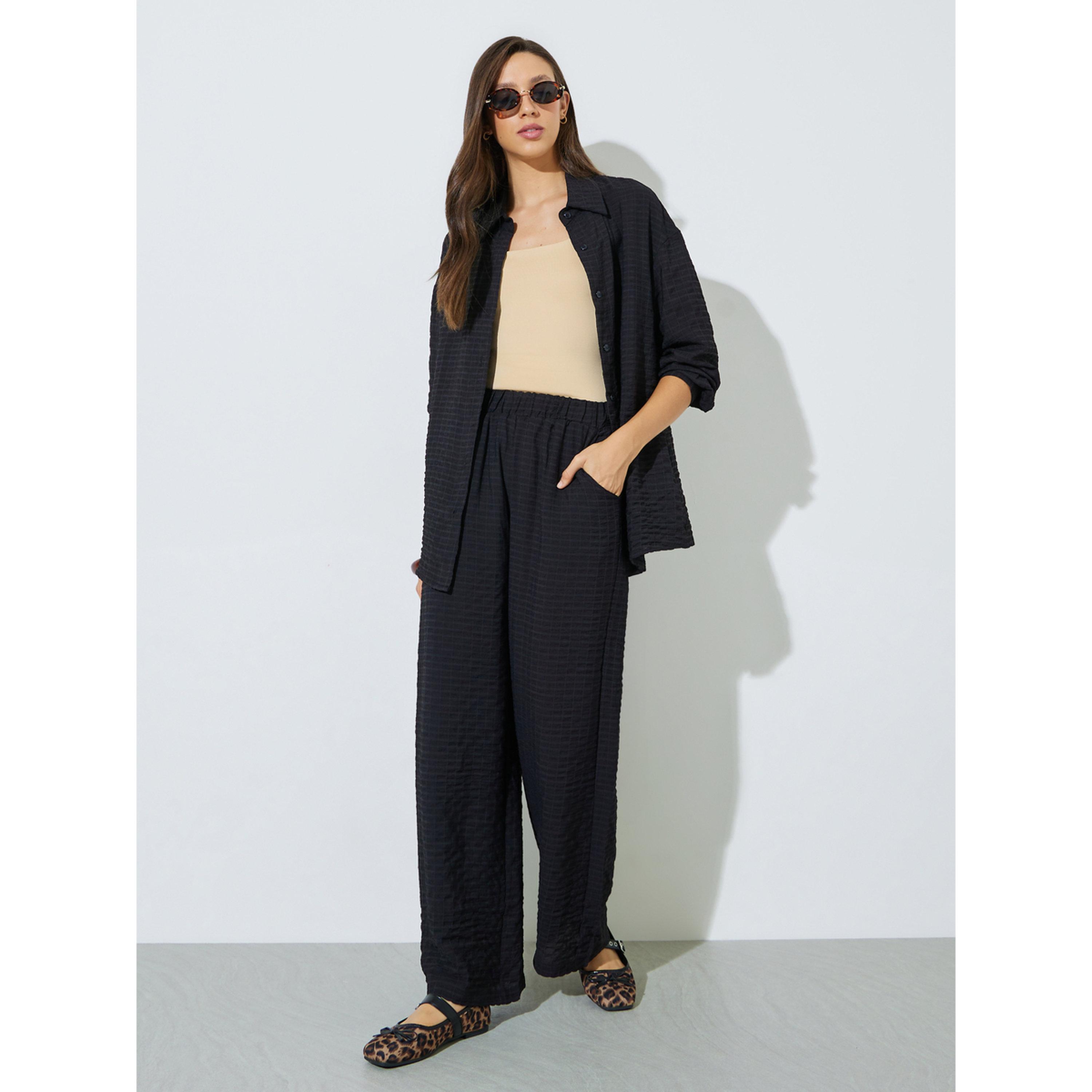 Styli Black Textured Shirt and Trousers Co-ord Set-women-clothing-coordsets-image-1