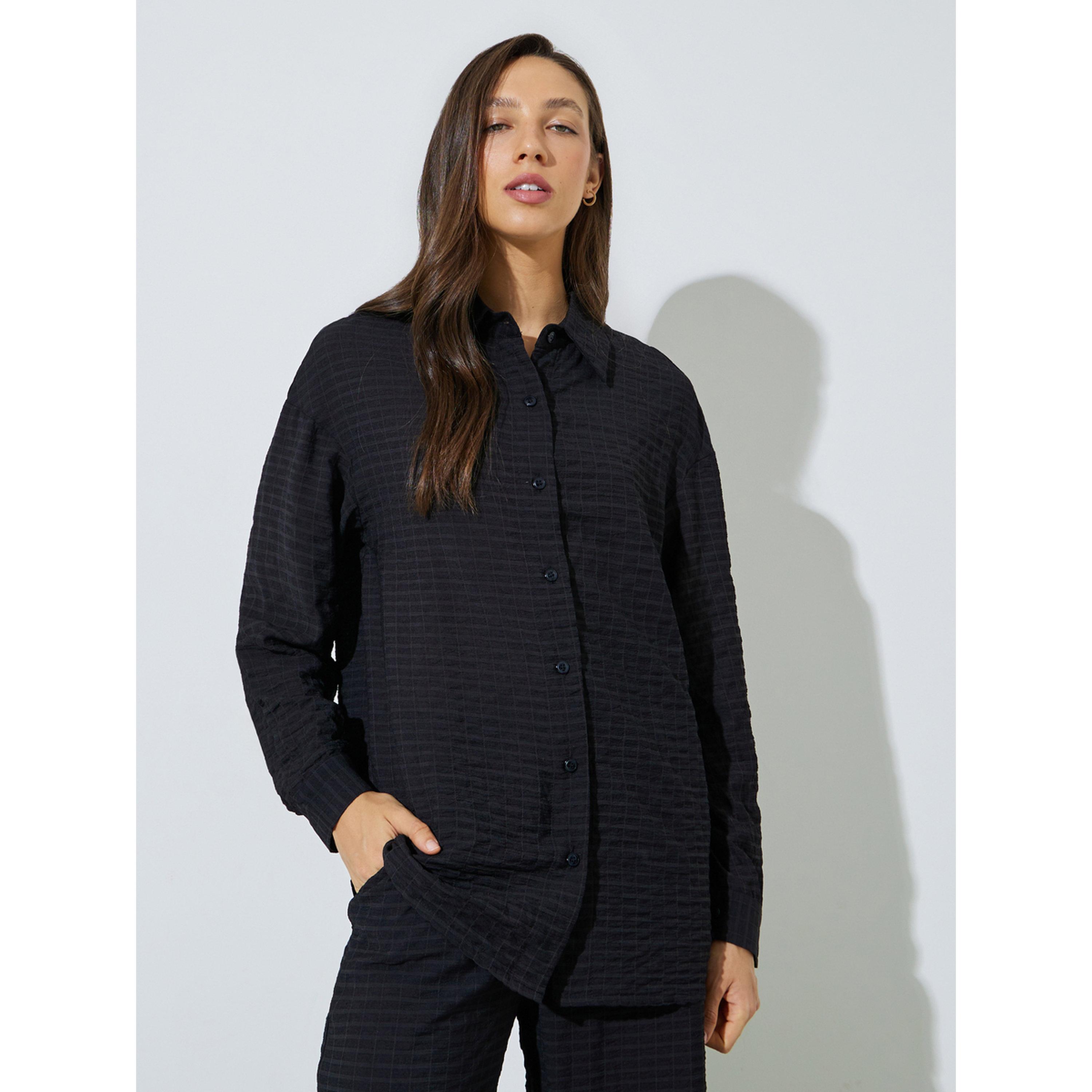Styli Black Textured Shirt and Trousers Co-ord Set-women-clothing-coordsets-image-2