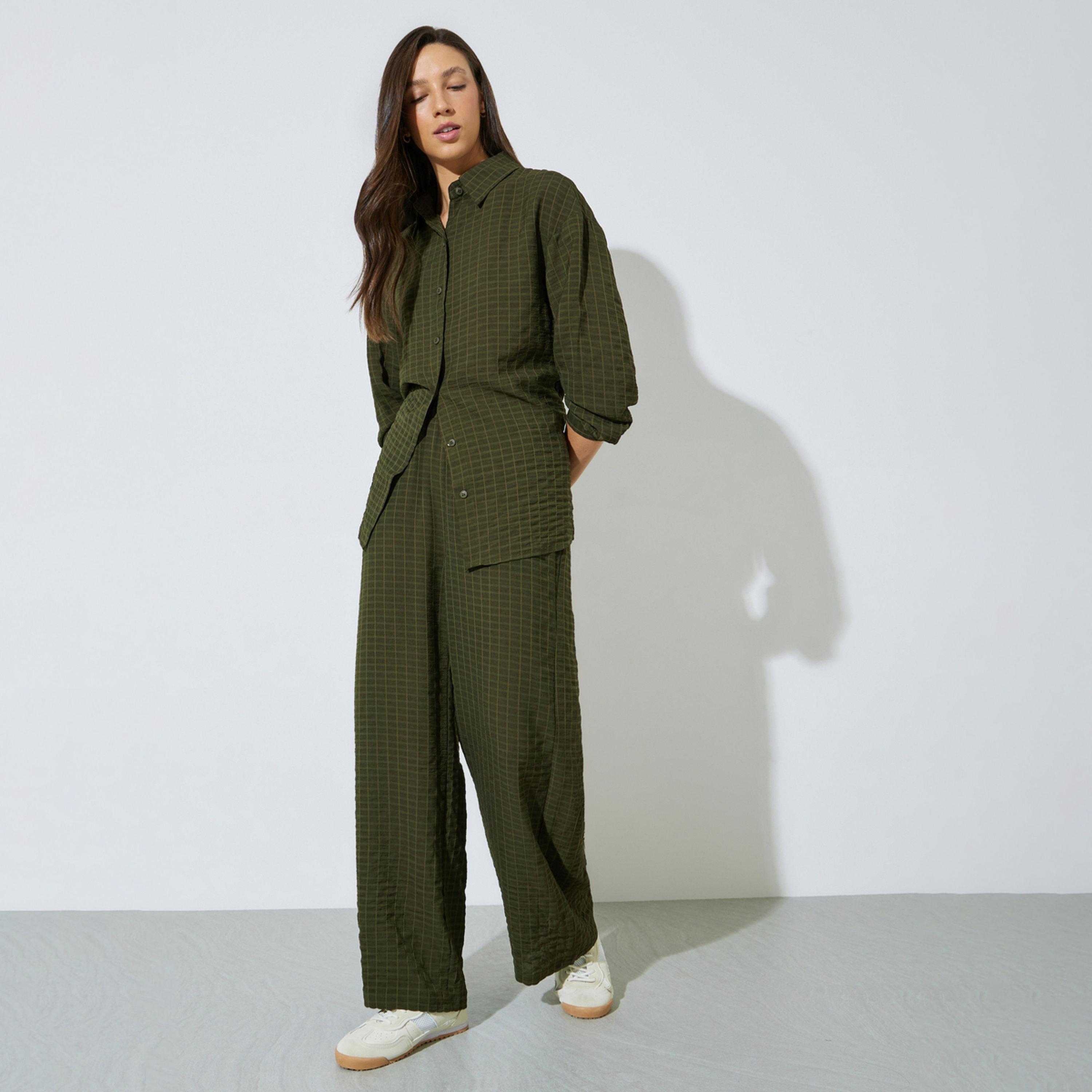 Styli Olive Textured Shirt and Trousers Co-ord Set-women-clothing-coordsets-image-1