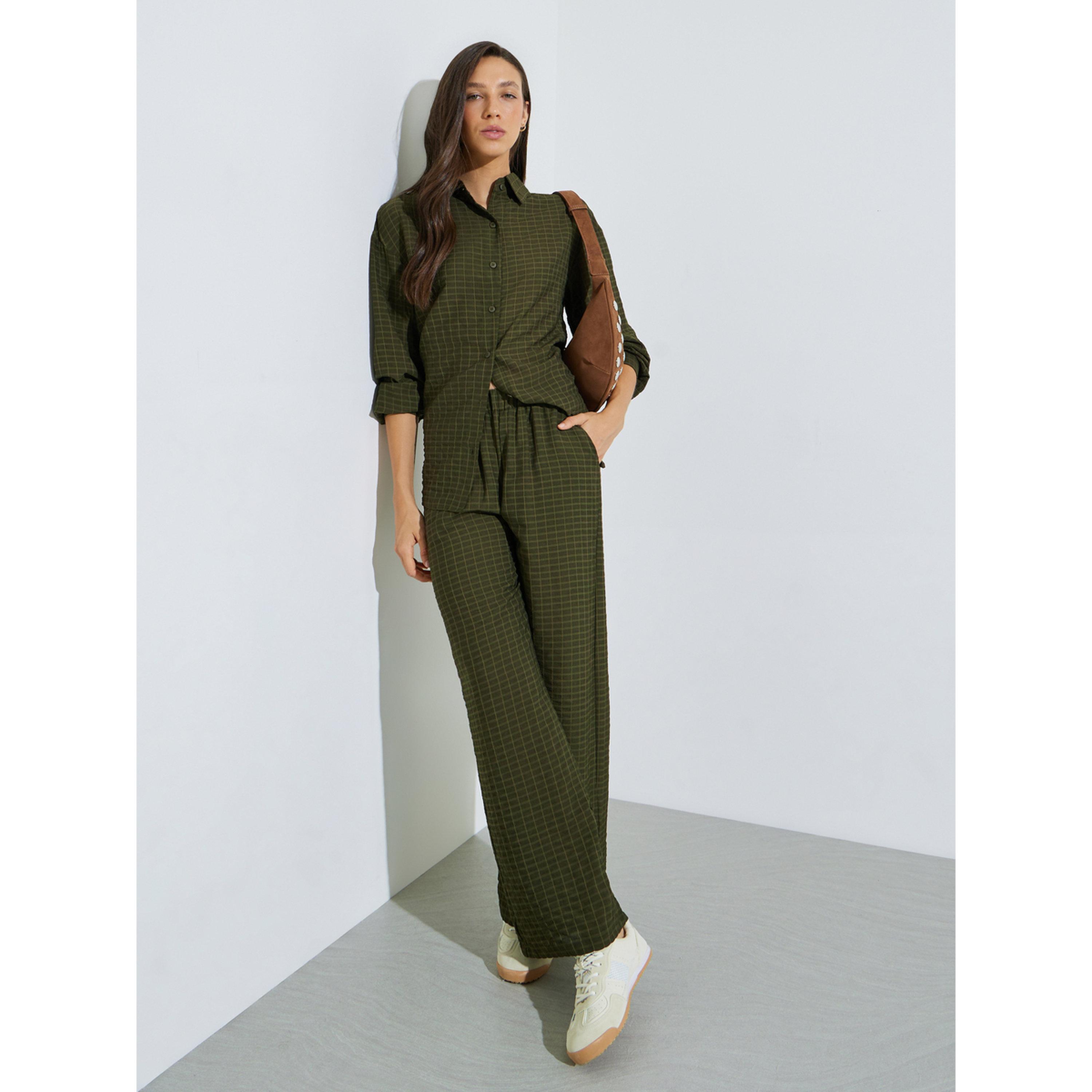 Styli Olive Textured Shirt and Trousers Co-ord Set-women-clothing-coordsets-image-2