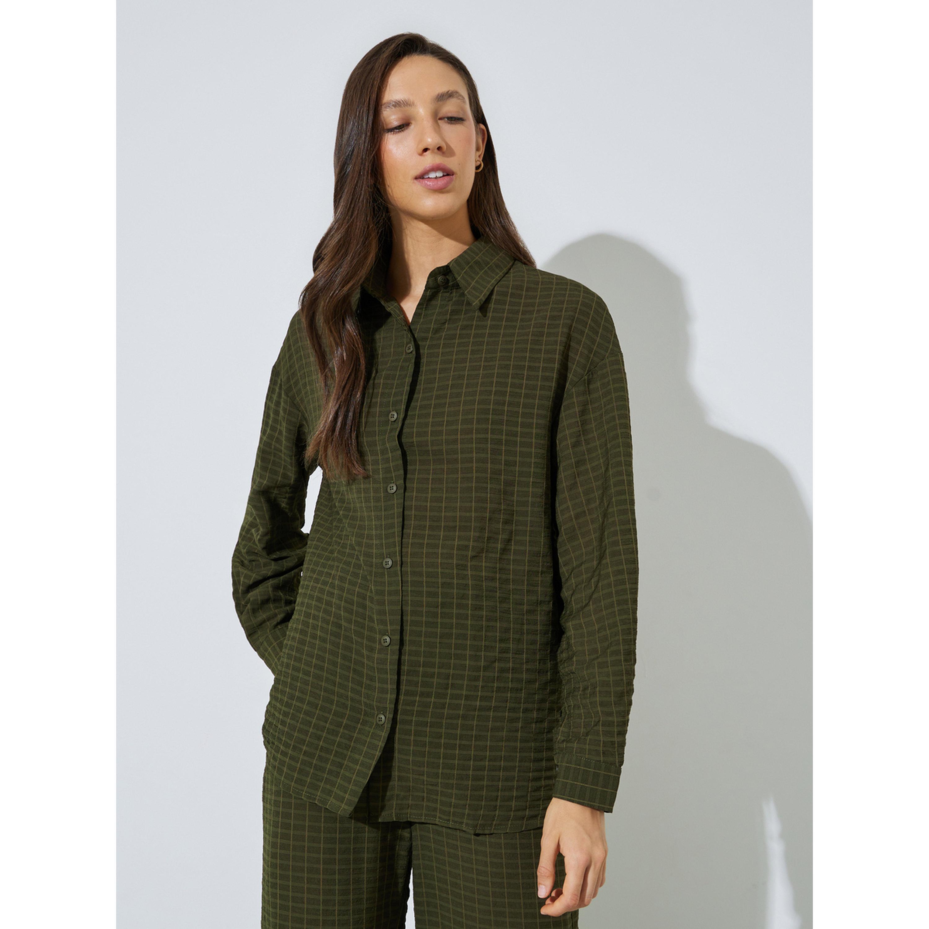 Styli Olive Textured Shirt and Trousers Co-ord Set-women-clothing-coordsets-image-3