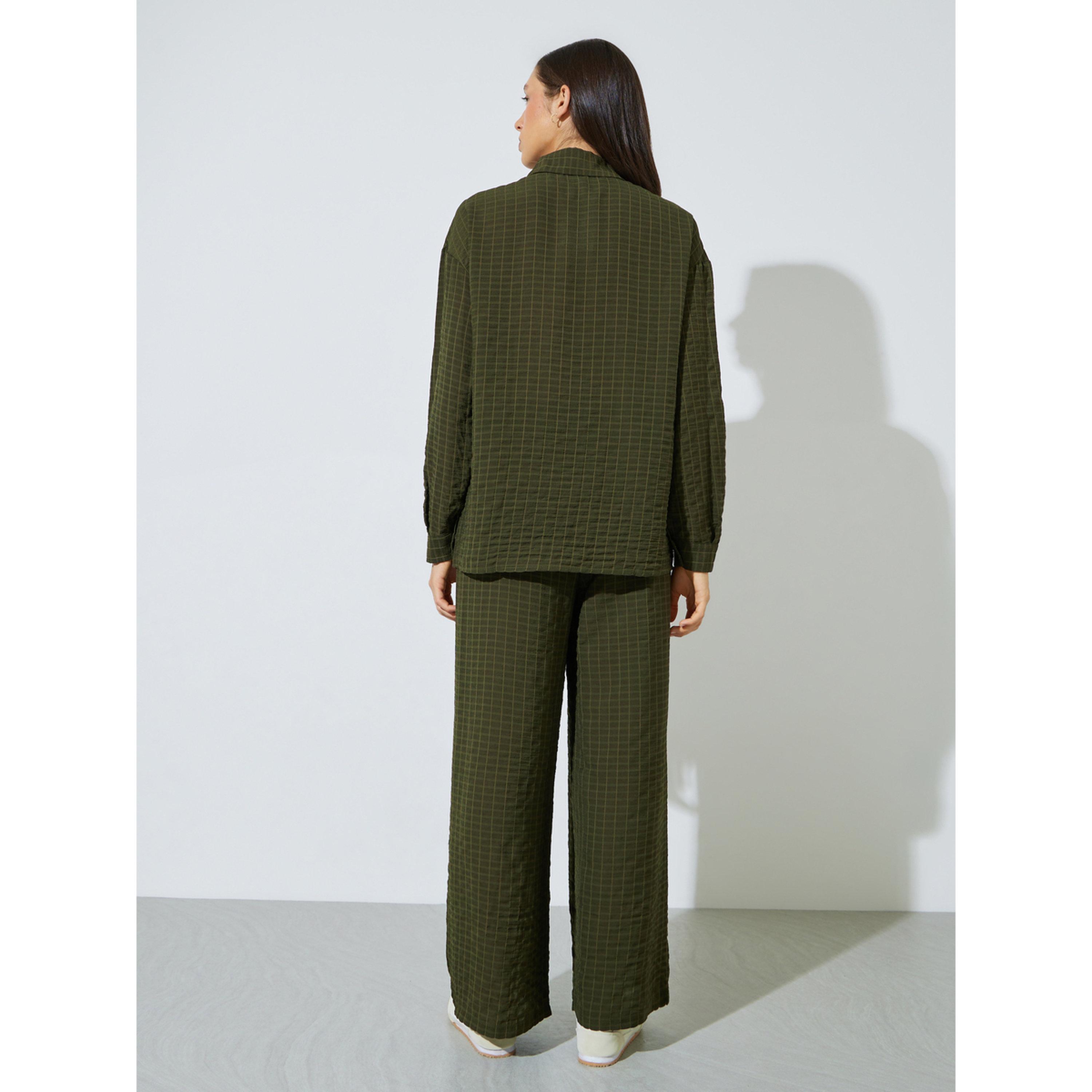 Styli Olive Textured Shirt and Trousers Co-ord Set-women-clothing-coordsets-image-4
