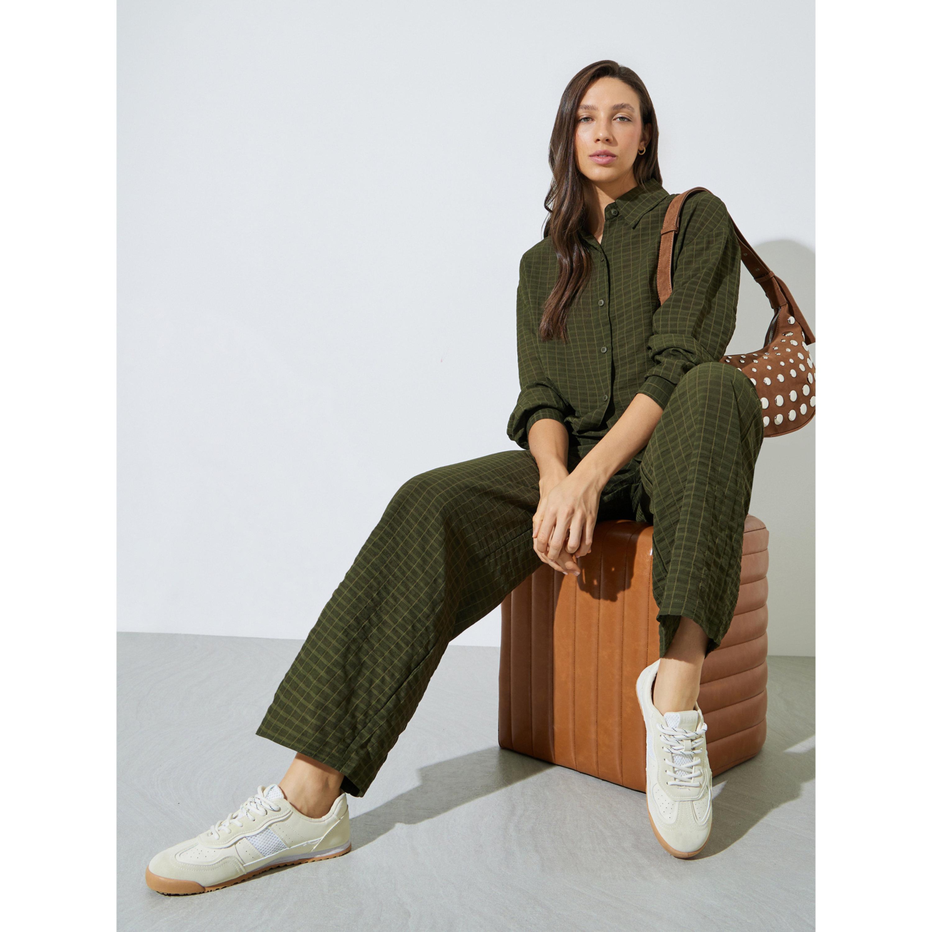 Styli Olive Textured Shirt and Trousers Co-ord Set-women-clothing-coordsets-image-5