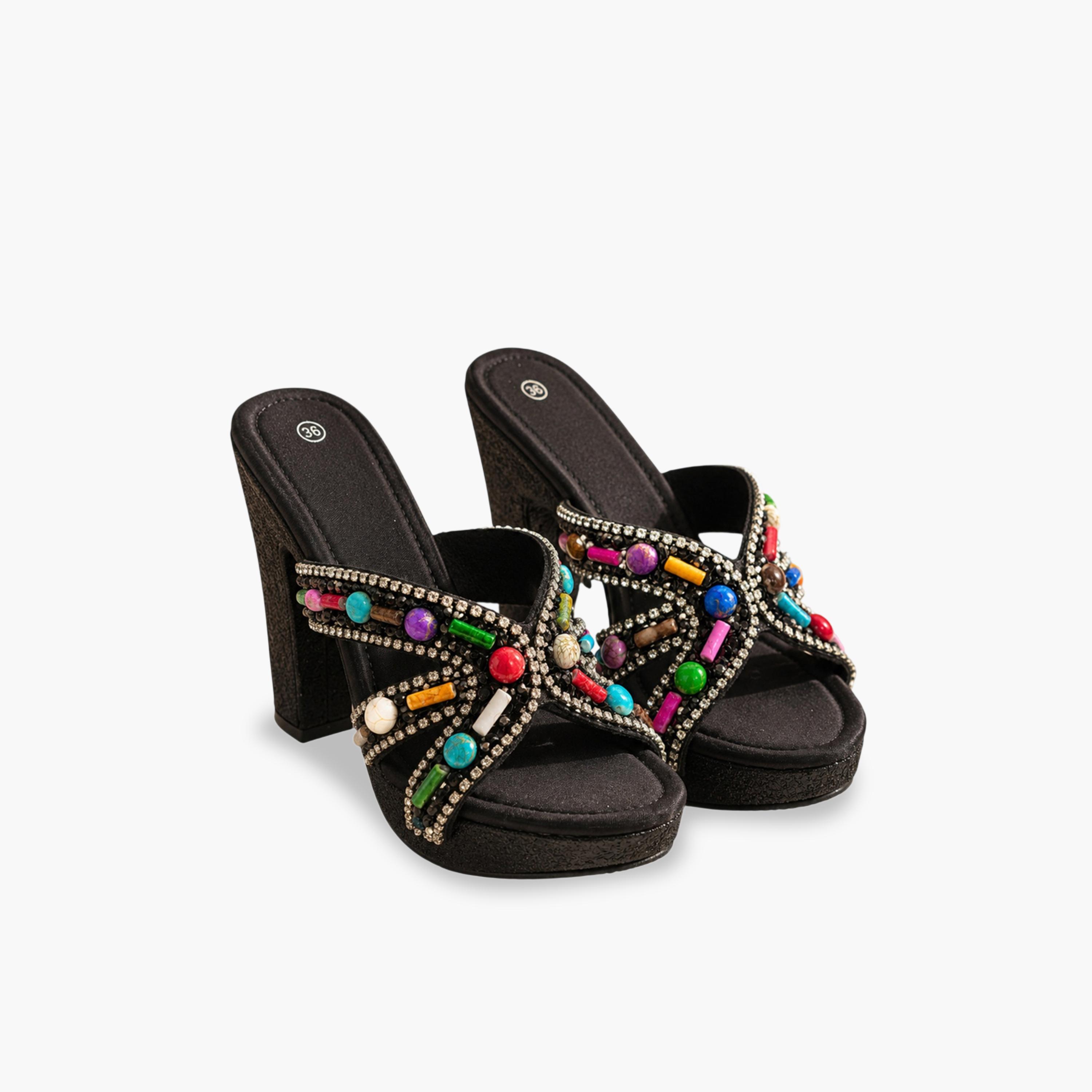 Take Two Black Beaded and Rhinestone Cross Strap Platform High Heel Sandals-women-shoes-sandals-heeled-image-1