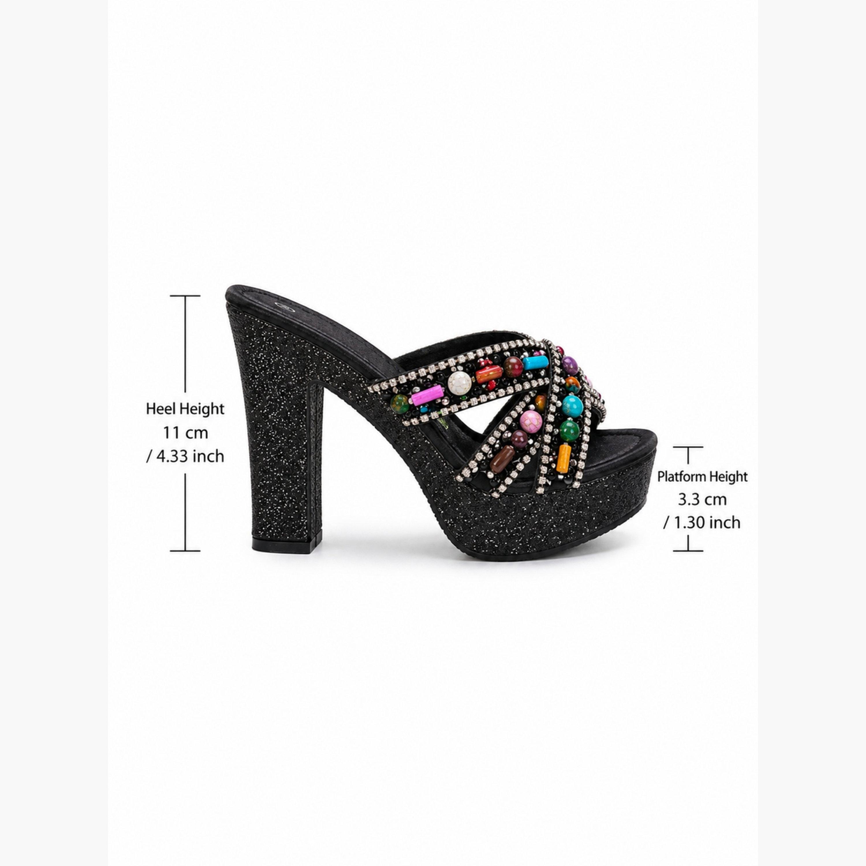 Take Two Black Beaded and Rhinestone Cross Strap Platform High Heel Sandals-women-shoes-sandals-heeled-image-3