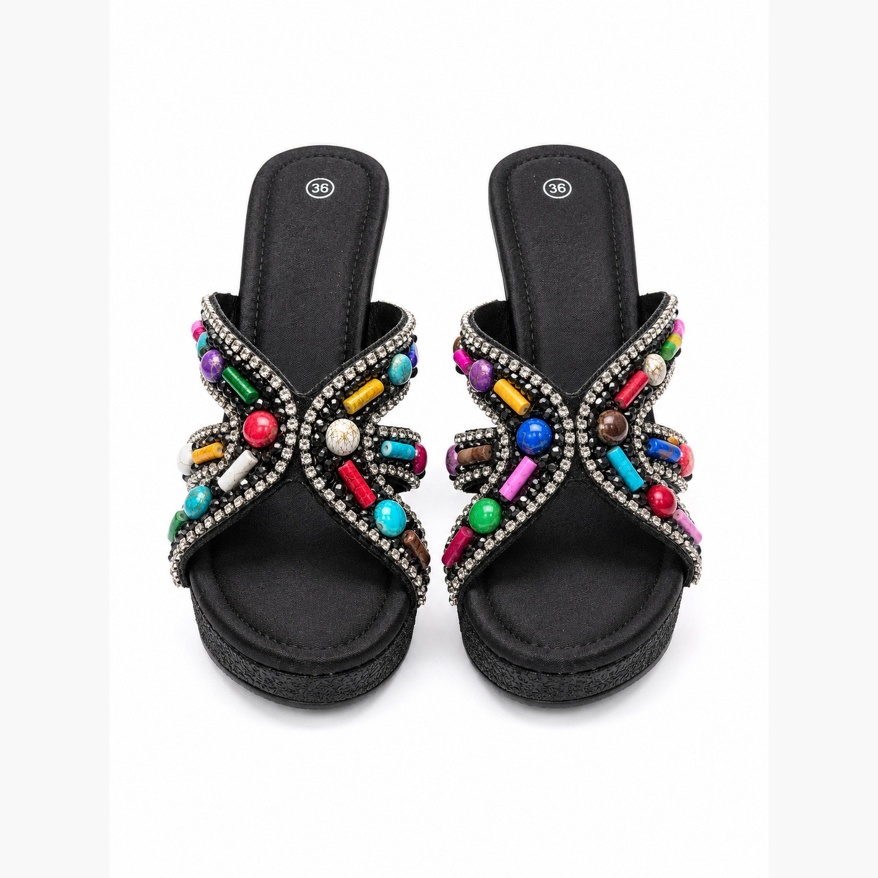صندل بنعل سميك بكعب عالي وبأشرطة متقاطعة مزين بالخرز وحجر الراين باللون الأسود-women-shoes-sandals-heeled-image-4